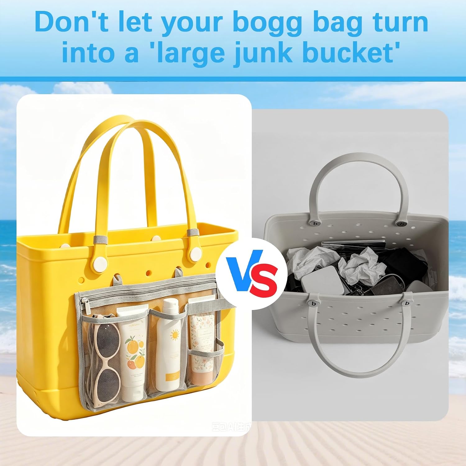 Organizer Holder for Bogg Bag Accessories, Mesh Divider Pouch with Cup & Phone Holder, 2 Key Holders and 2 Hooks Storage Compatible with Bogg Beach Rubber Tote Bag