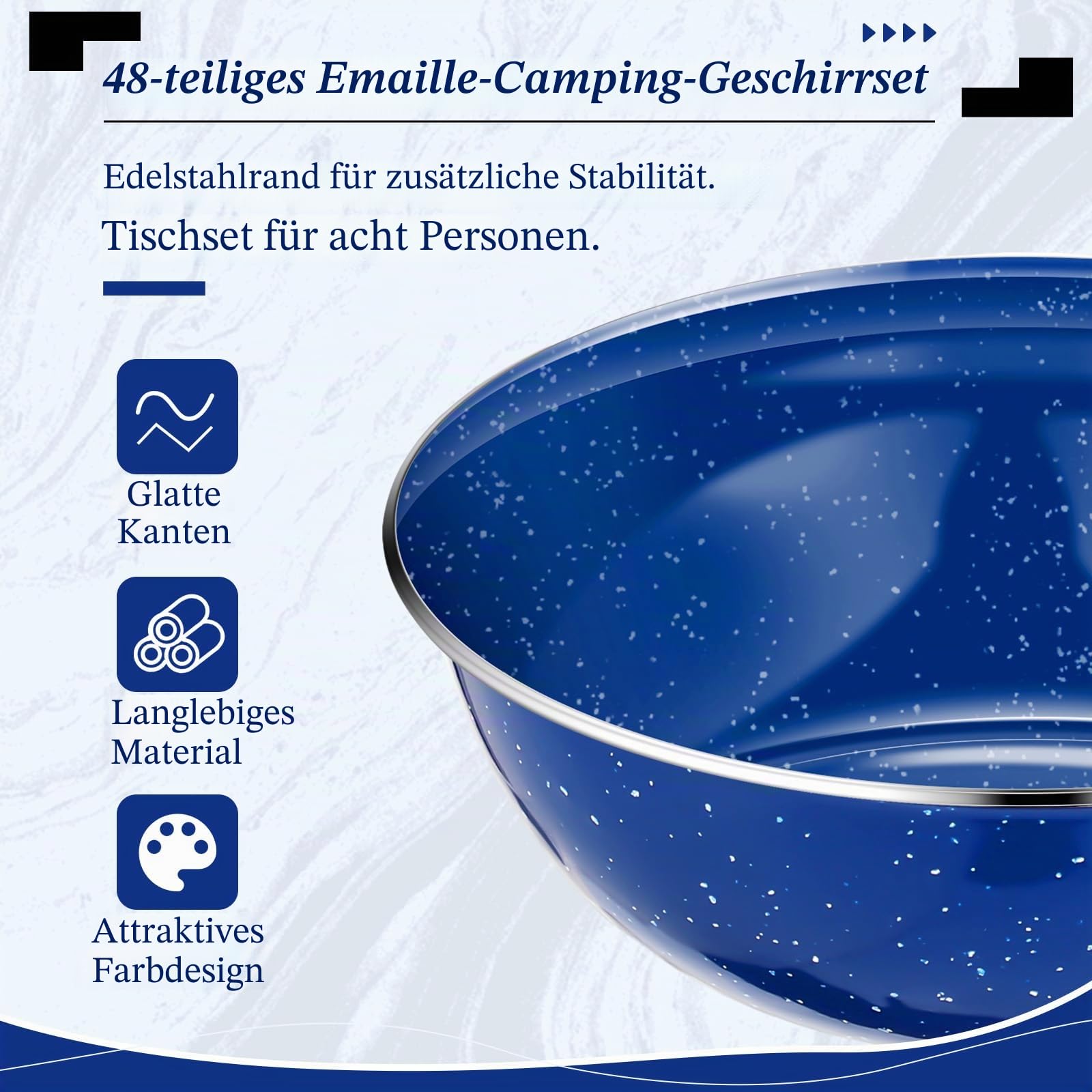 Nuogo 48-teiliges Emaille-Campinggeschirr-Set für 8 Personen, inklusive 340 ml Emaille-Kaffeetassen, 26,7 cm, Campingteller, 15,2 cm Schüsseln und Campingutensilien, Set mit Messer, Gabel, Löffel für