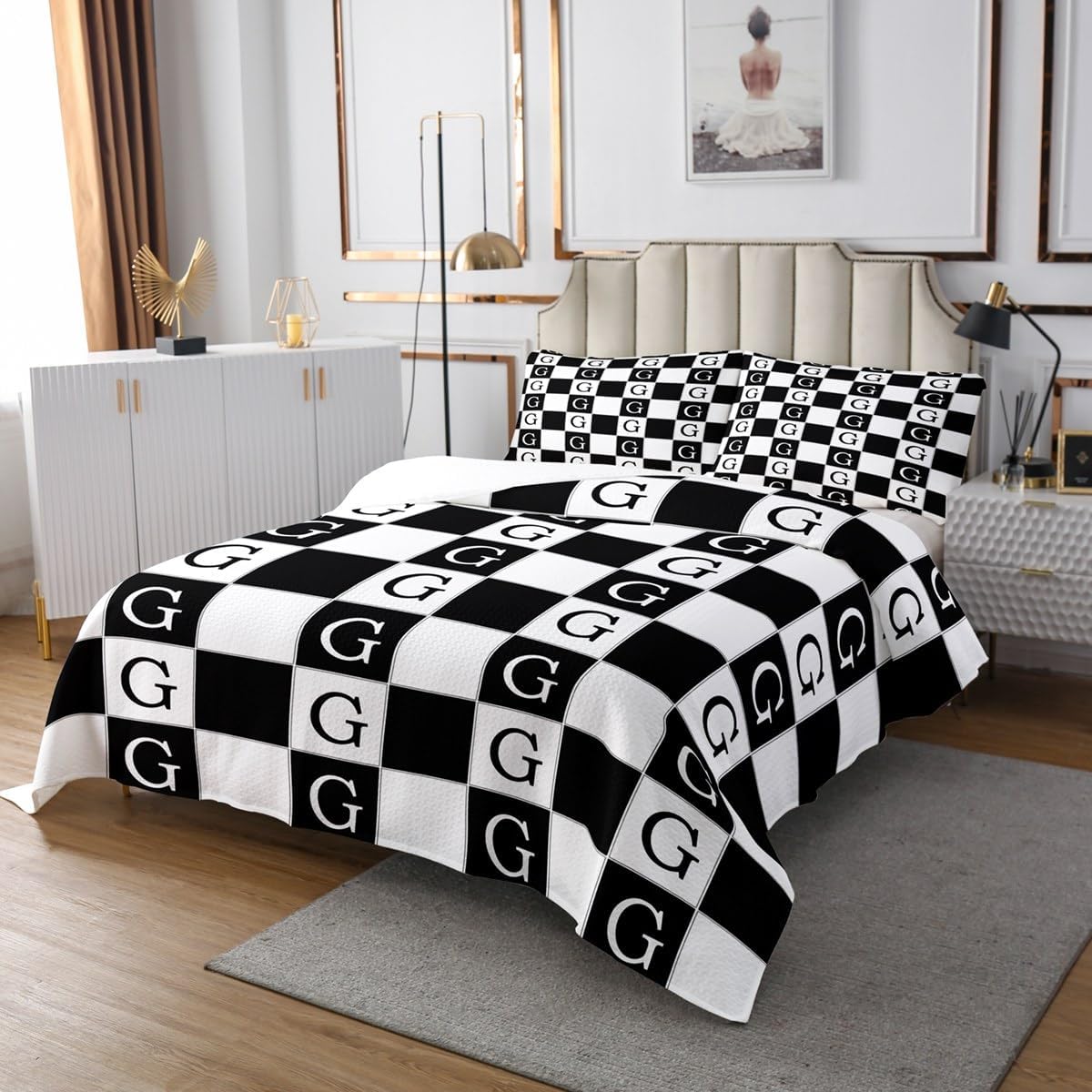 Erosebridal Black White Checkered Quilt Set Queen Plaid Initial Letter G Bedspread Monogram Buffalo Check Grid Coverlet Set for Kids Adults,Farmhouse Gingham Bedding Quilted