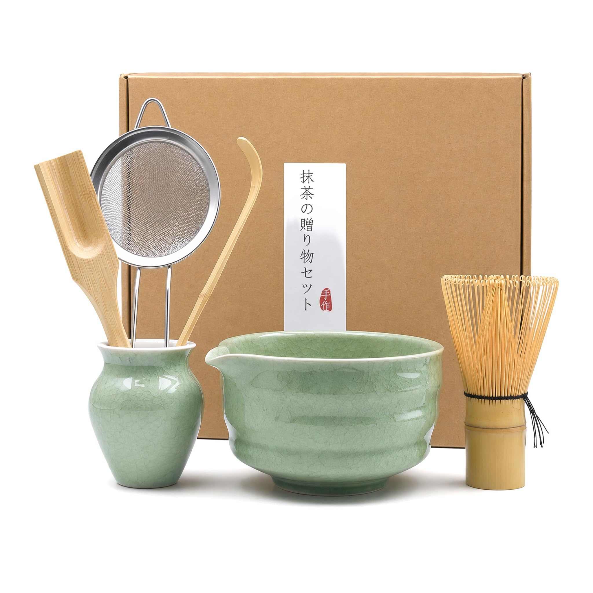Set da 6 pezzi per tè Matcha con frusta Matcha, setaccio in acciaio inox, ciotola per matcha, 2 cucchiai Matcha, supporto per scopa in ceramica, accessori per matcha, kit regalo per gli amanti del