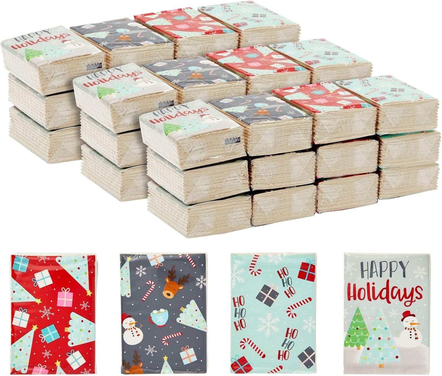 Christmas Tissue Paper, Pocket Tissues, Travel Size Wipes (4 Designs, 72 Packs)