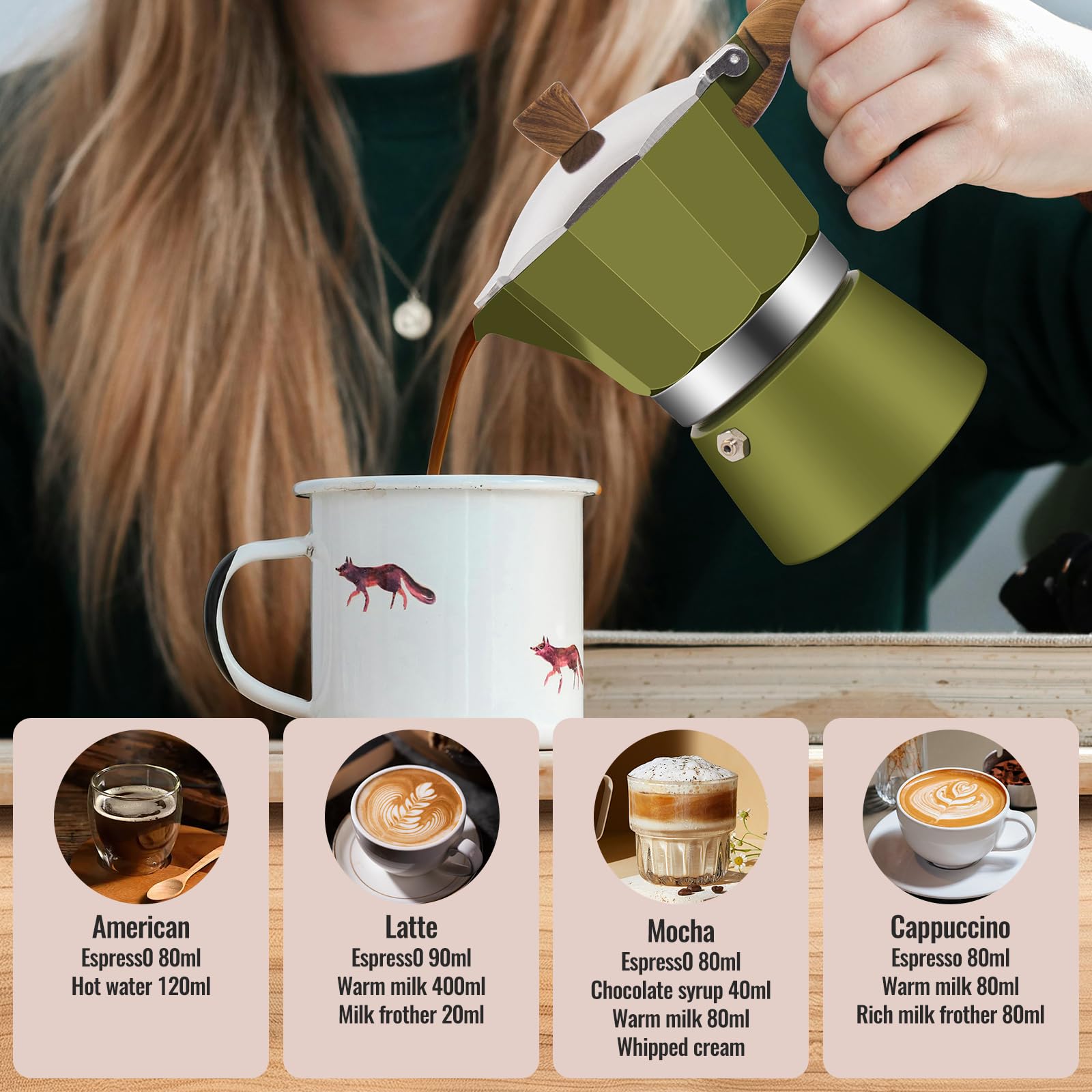 Cafetera de aluminio para 3 tazas, cafetera clásica de 150 ml, cafetera percoladora Mocha Express, cafeteras preferidas para café italiano y cubano, color verde