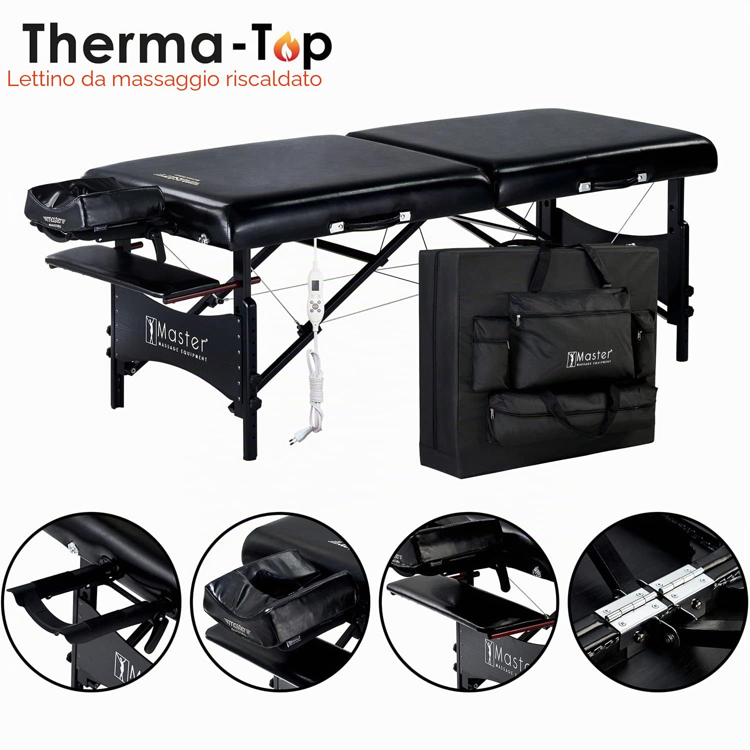 Master Massage ThermaTop - Lettino da massaggio per Galaxy Mobile con sistema di riscaldamento integrato, pieghevole, per massaggi, per cosmetici, portatile, in pelle/legno, nero, 76 cm