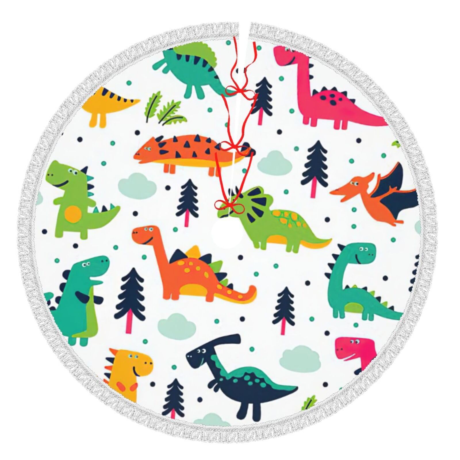 Jupe de sapin dinosaure en toile de jute rustique imprimée à pompons