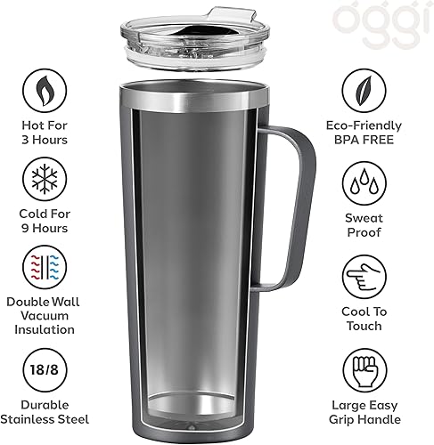 Miniatura 10 de Oggi ThermoMug - Taza aislada de acero inoxidable, doble pared aislada al vacío con asa y tapa, taza de café, taza de campamento, termo de viaje, 14