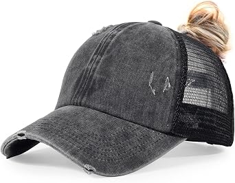 HH HOFNEN Ponytail Hat for Women Washed Distressed Baseball Cap Ponycaps | Unconstructed Mesh Ball Caps Sun Protection Adjustable Outdoor Curved-Brim Girls Dad Hat Sun Hat