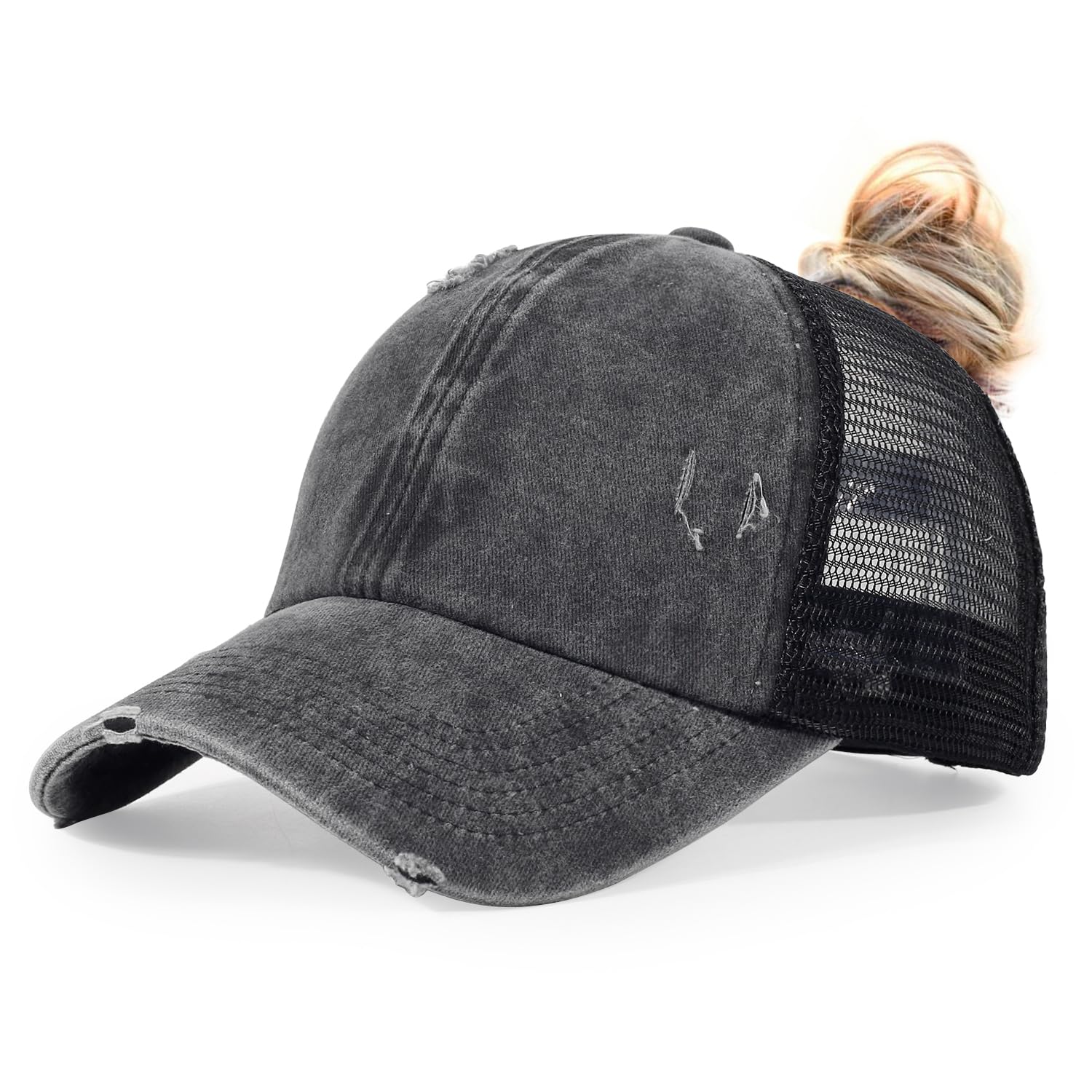 HH HOFNEN Ponytail Hat for Women Washed Distressed Baseball Cap Ponycaps