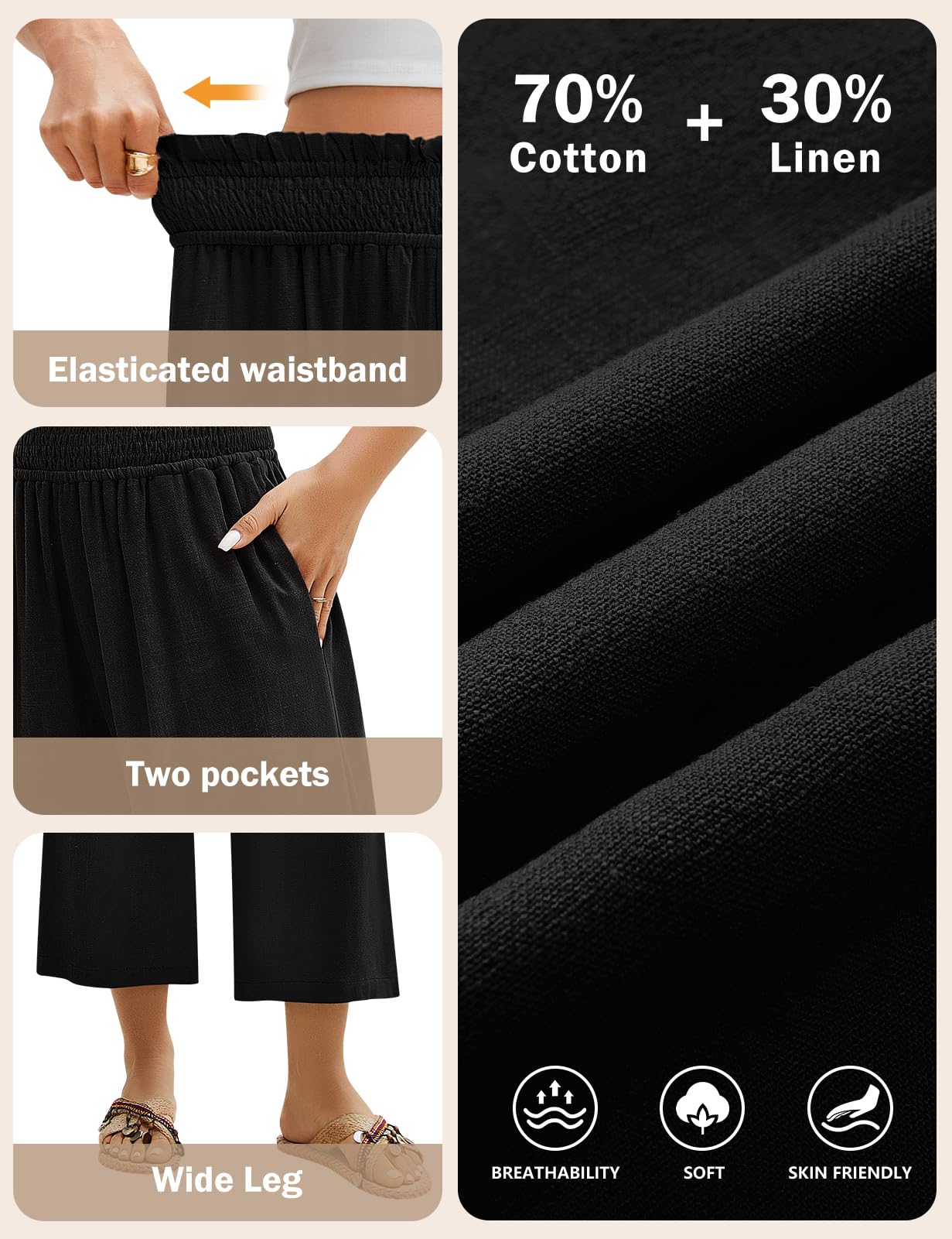 Pantalones Lino Mujer 3/4 Verano Anchos Algodón Alta Cintura Elásticos con Bolsillos