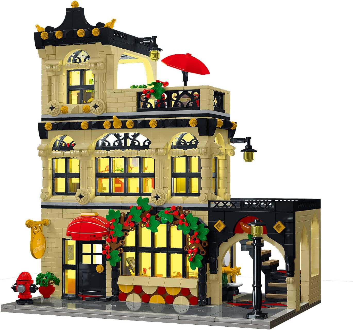 City Restaurant Architecture Building Kit with LED Lights,3 Levels City Restaurant Model Building Blocks Toy,for 12+Age Teen,Adult(1489 Pieces)