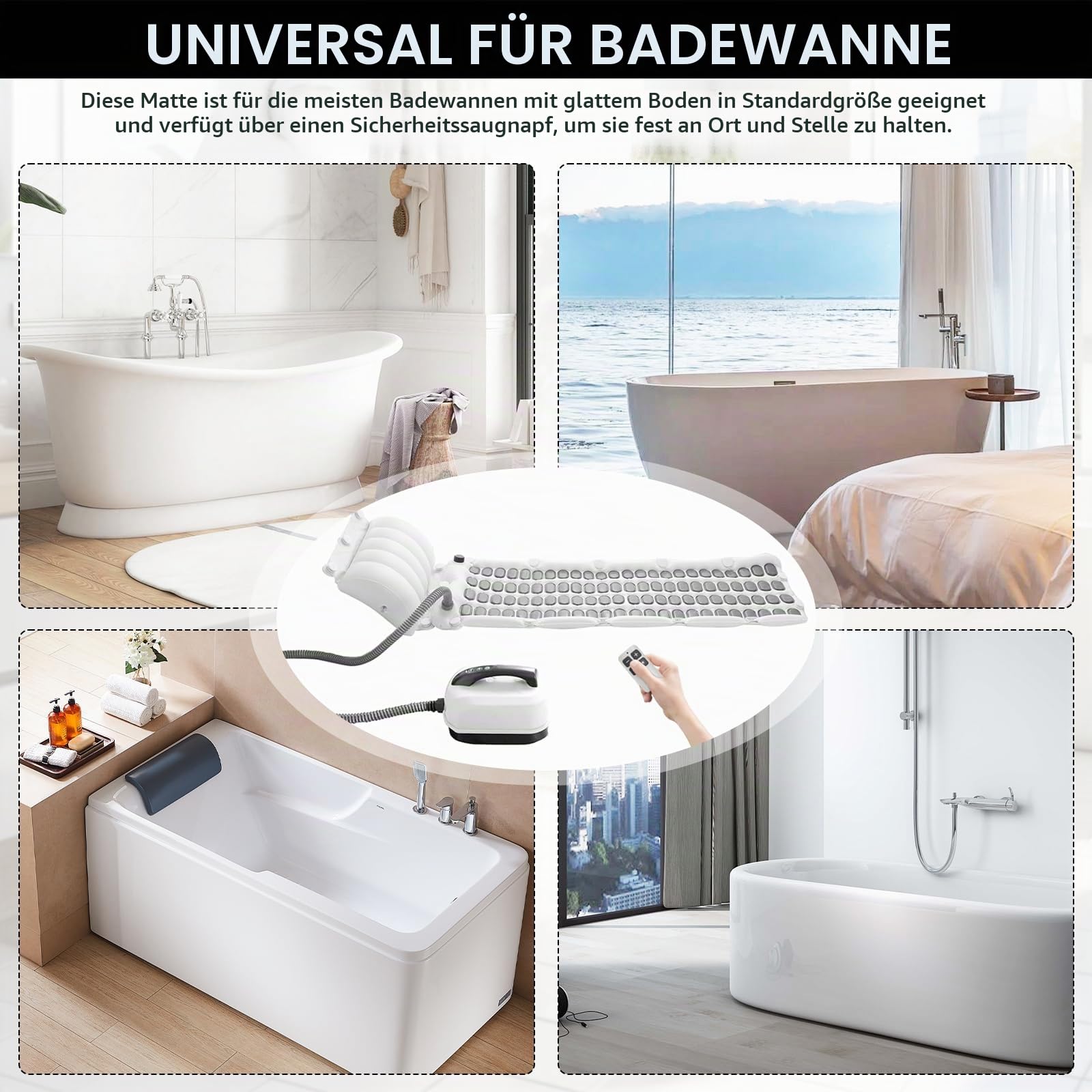 Sprudelmatte Badewanne, Whirlpool Matte für Badewanne Luftsprudelbad 6 Intensitätsstufen Badewannenmatte mit 114 Düsen und Kissen Spa Badewannenzubehör für Spa Baden