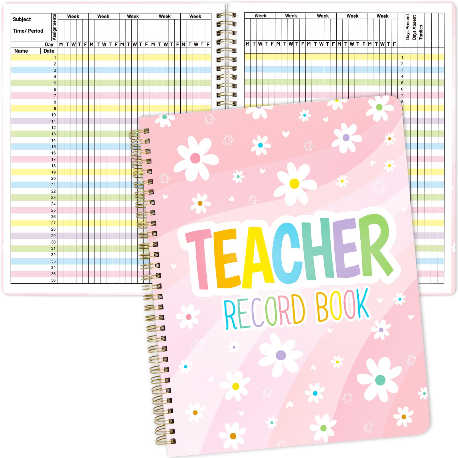 Fancy Land Grade Book, Attendance Book for Teachers, Teacher Record Book | Teacher Roll Book, for Elementary Teachers, for Middle School Teachers, Classroom Office Supplies, 8-1/2 x 11 inch, Flower
