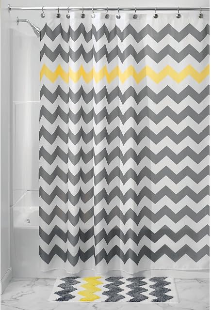 mDesign Chevron Fabric Shower Curtain - Water Repellent Bathtub Curtains with 12 Hanging Eyelets - Elegant Shower Curtains - Grey/Yellow