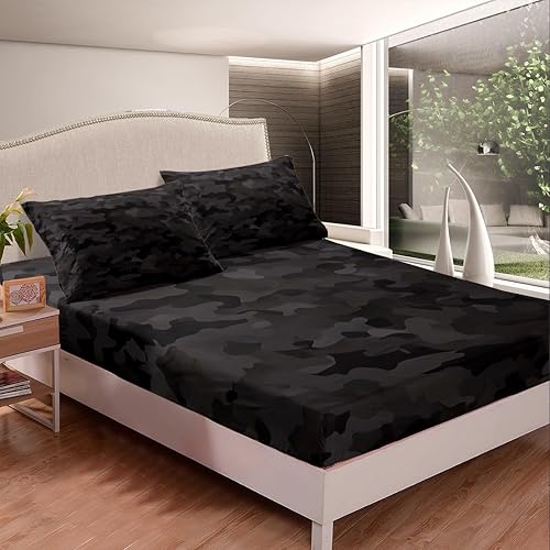 Miniatura 2 de Erosebridal Sábana bajera ajustable de camuflaje negro y gris, juego de ropa de cama de camuflaje tamaño individual para niños, adolescentes y