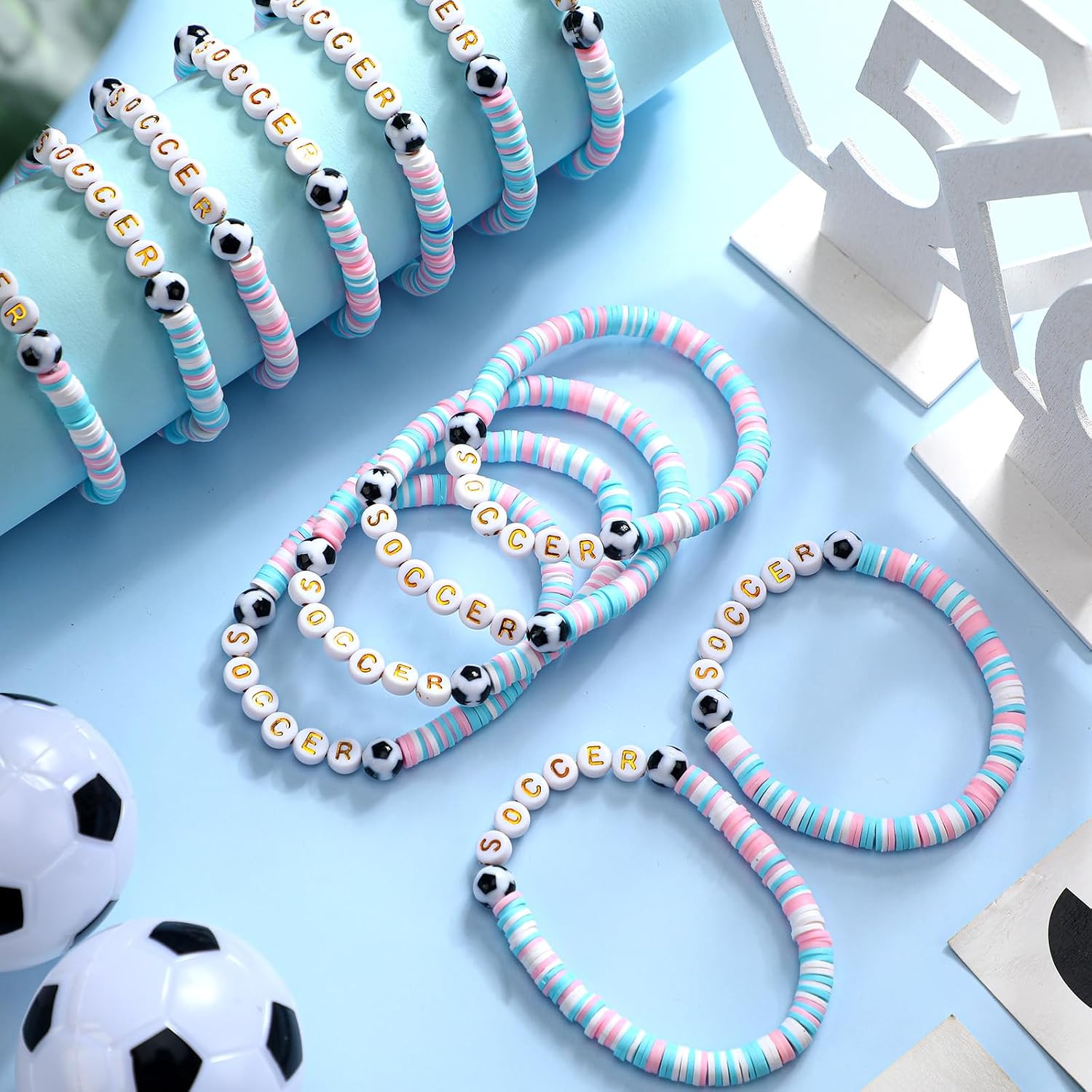 24 Pcs Soccer Party Favors Bulk Clay Beaded Bracelets
