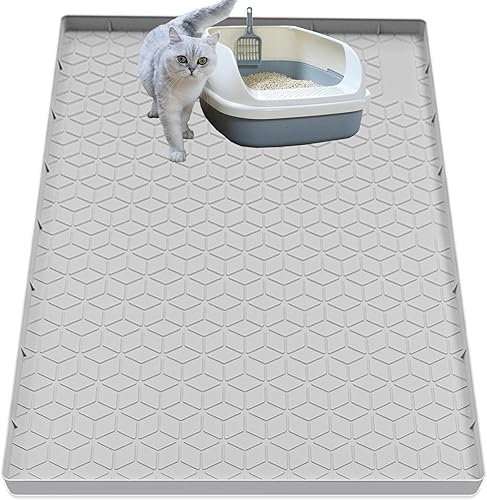 Miniatura 17 de Tapete de arena para gatos para caja de arena, tapete grande de silicona para atrapar arena para gatos, 28 x 22 pulgadas, impermeable y Gris