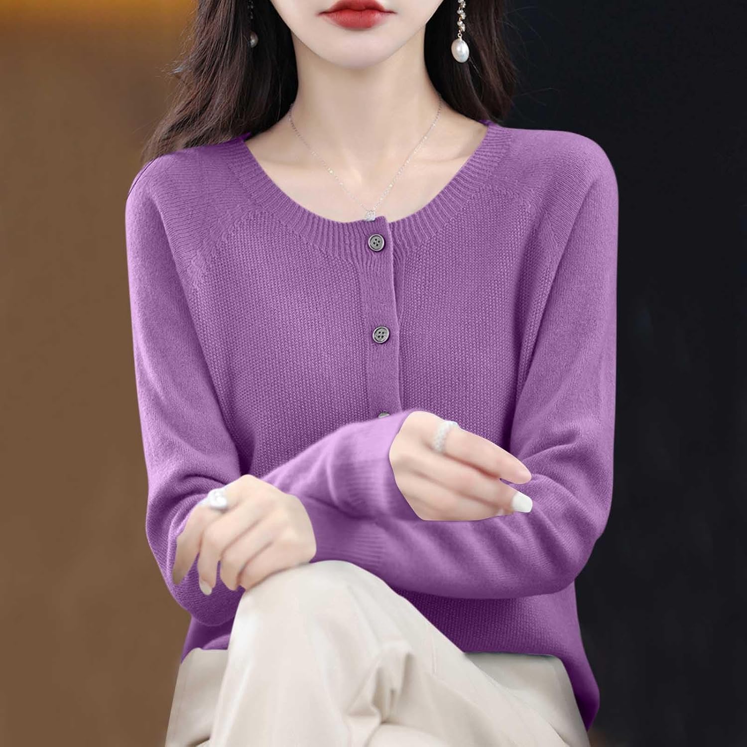 Women's Casual Raglan Sleeve Sweater - Button-Down Crew Neck Pullover Knit Top, Relaxed Fit Fashion Cashmere Sweater