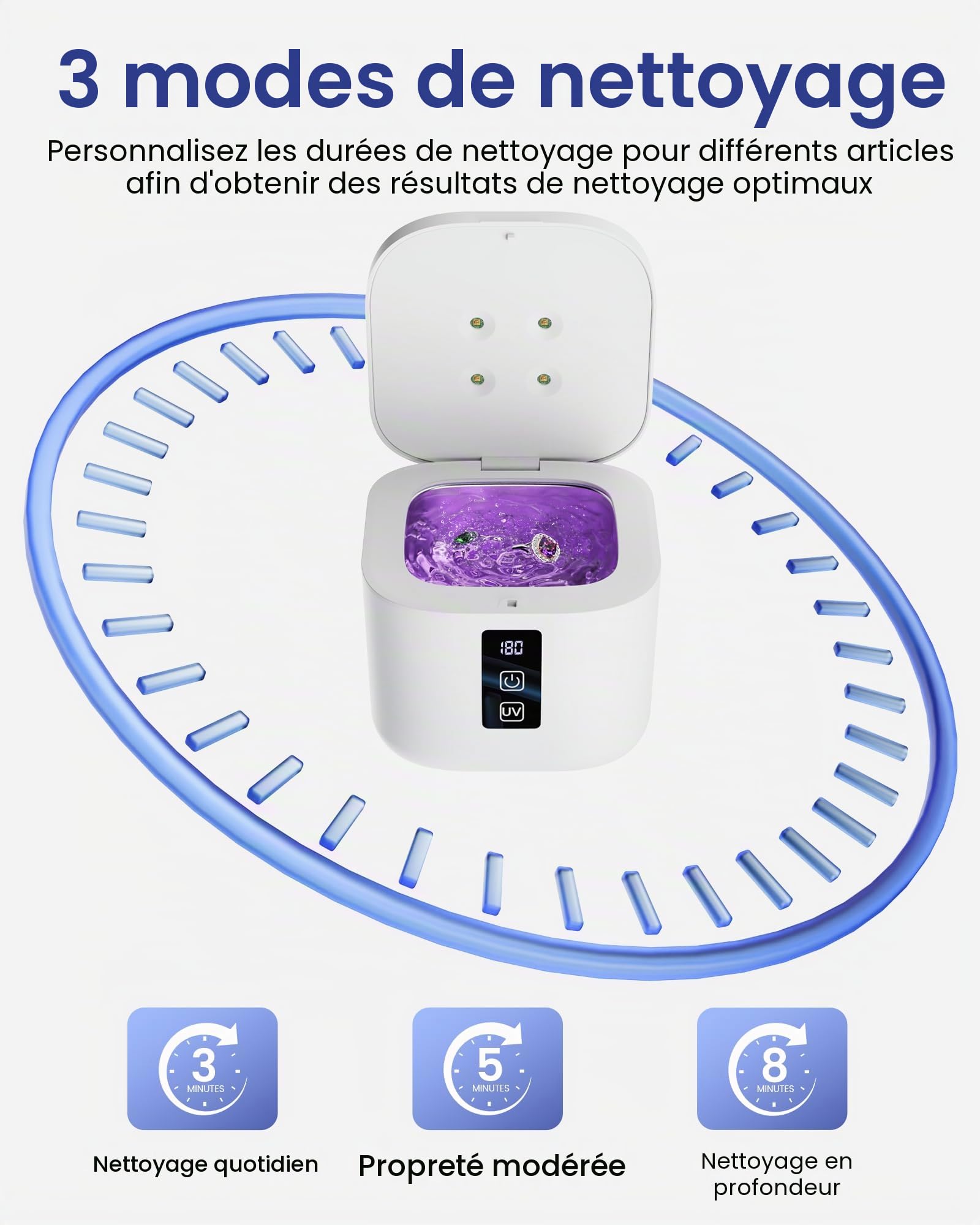 Nettoyeur Ultrasons 48kHz avec Stérilisation UV 375 ml 4 Modes pour Retenue Dentaire, Protège-Dents, Aligneur, Bijoux