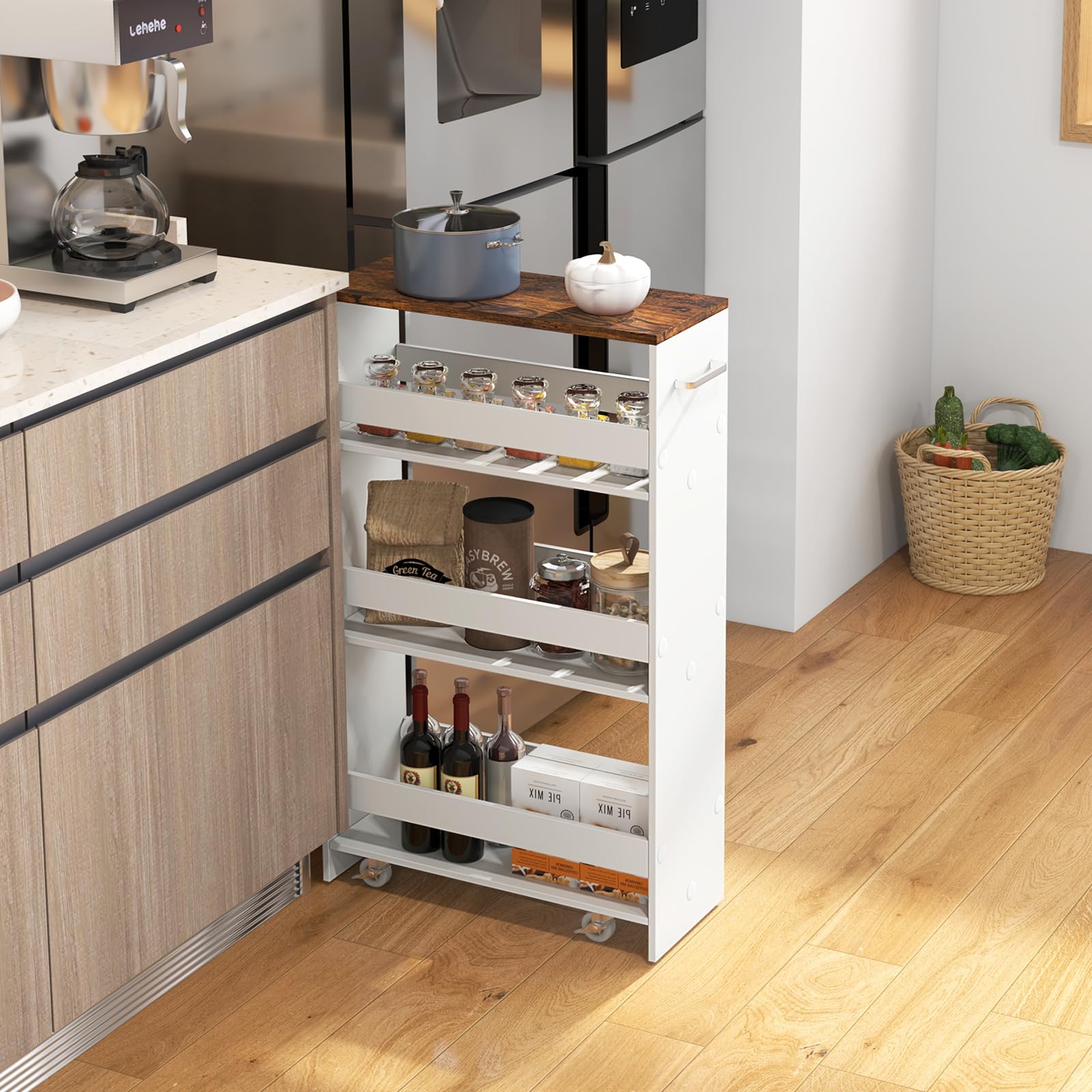 RELAX4LIFE Carrello di Stoccaggio Sottile a 4 Livelli con Maniglia e Ruote Girevoli a 360°, Unita Mobile di Ripiani Scorrevoli per Cucina, Bagno, Lavanderia, Spazi Stretti (BIANCO, 48x20x81 cm)
