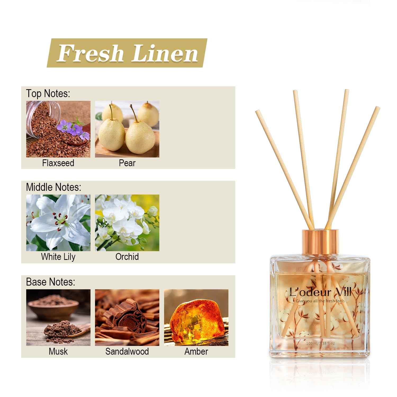 L'odeur Vill Profumatore per Ambienti, Lino Profumatore per Ambienti con 6 Bastoncini di Fragranza, Diffusore di Fragranze per Bagno, Appartamento, Decorazione Della Casa, 100ml