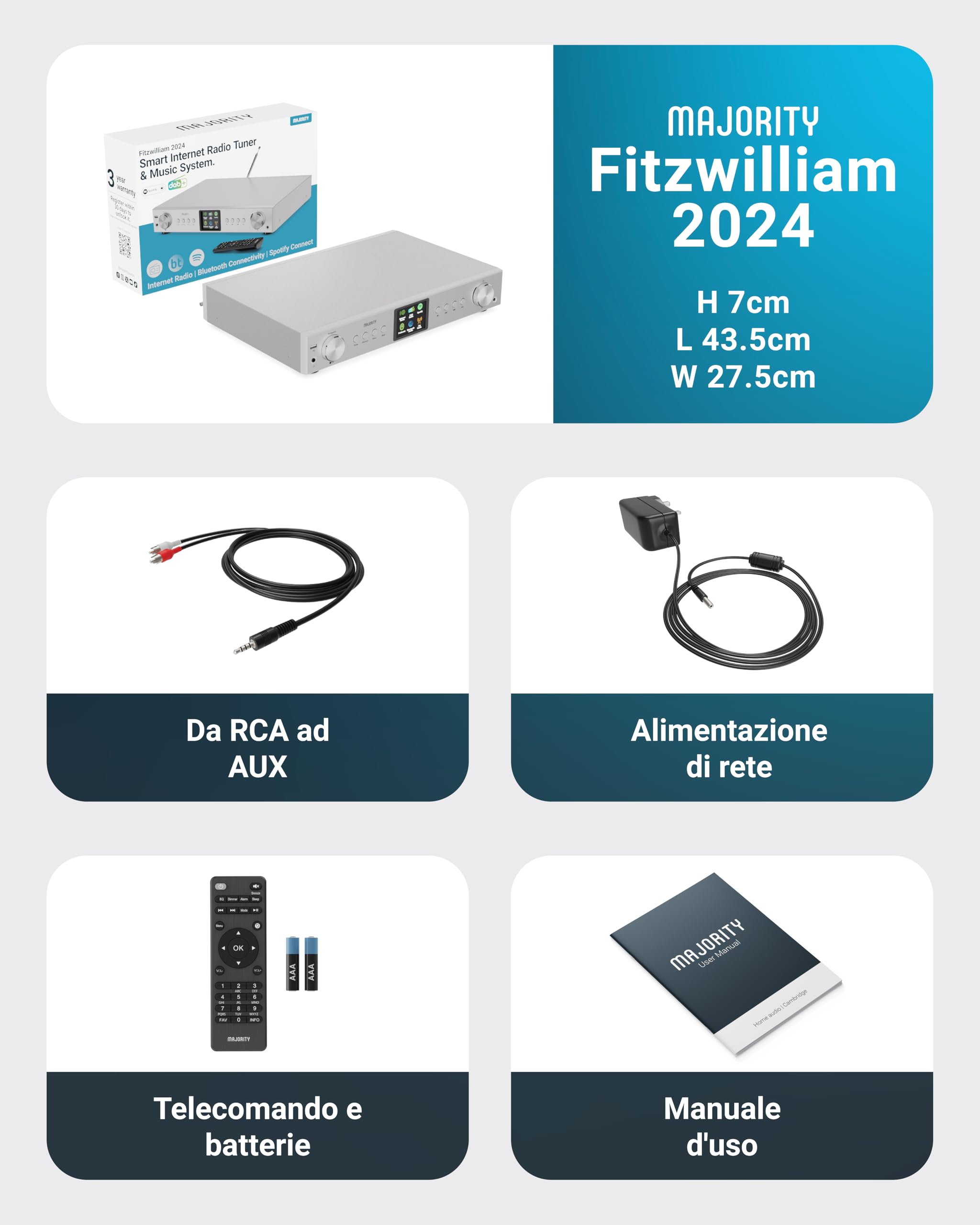 Majority Fitzwilliam Radio Internet Wifi Spotify Connect Bluetooth DAB FM Sintonizzatore HiFi Telecomando USB AUX