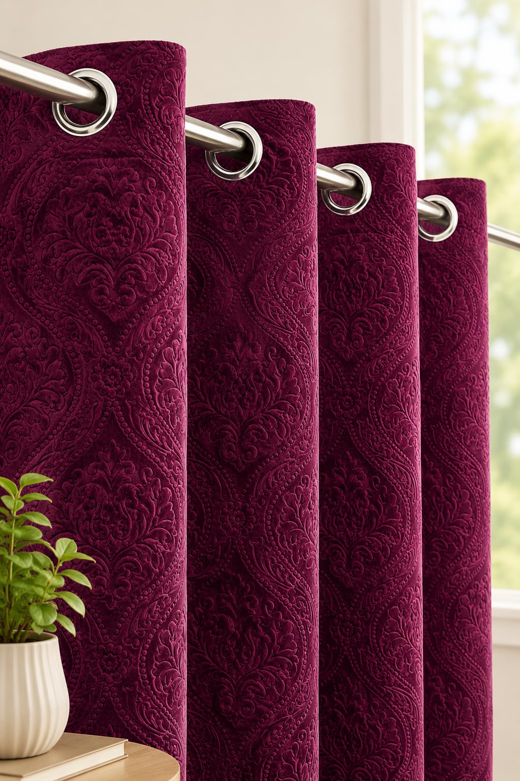 Velvet Embossed Damask Pattern Curtains 9 Feet Long Pack of 1, Wine Color-image-43