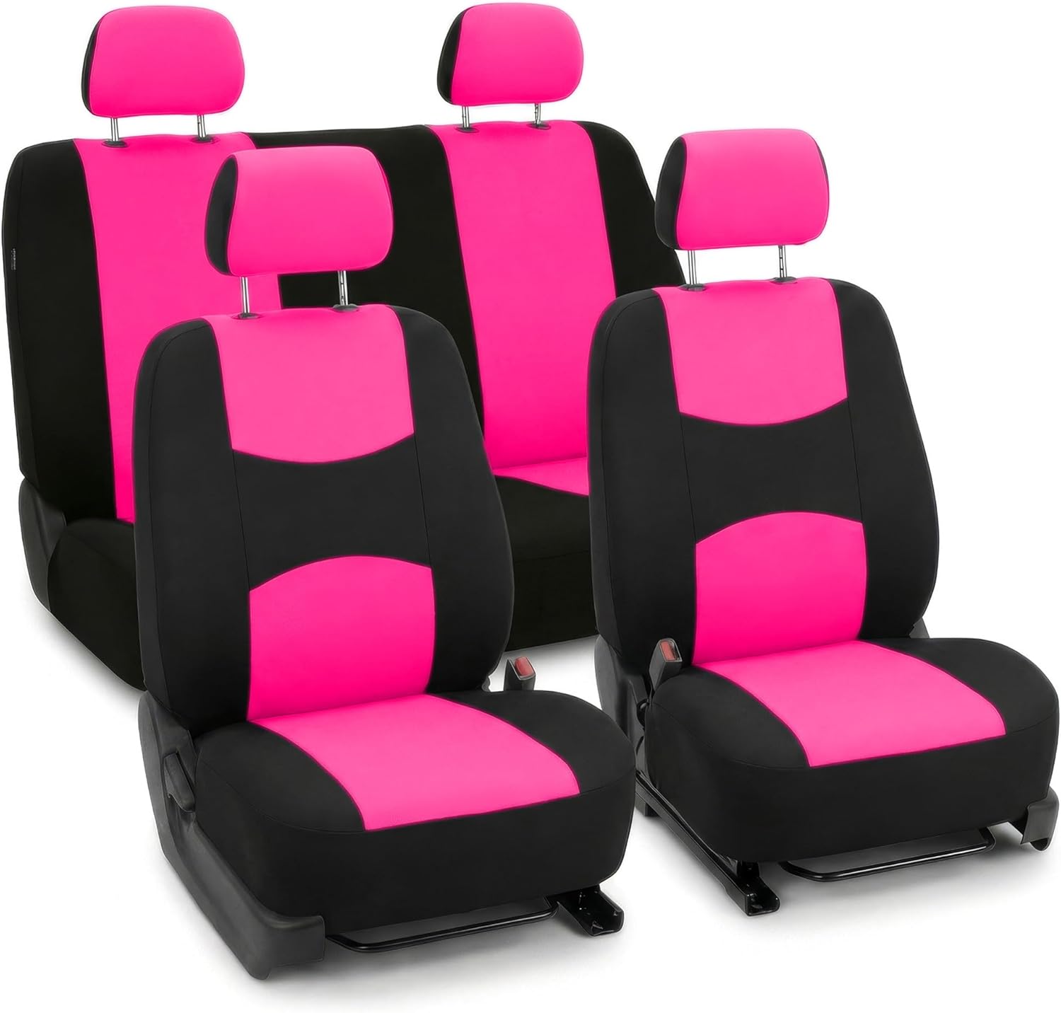 FH Group Bright Flat Cloth Full Set Automotive Seat Covers Front Set and Rear Solid Bench Pink Black Seat Covers w. Gift Universal Fit Interior Accessories for Cars Trucks and SUVs