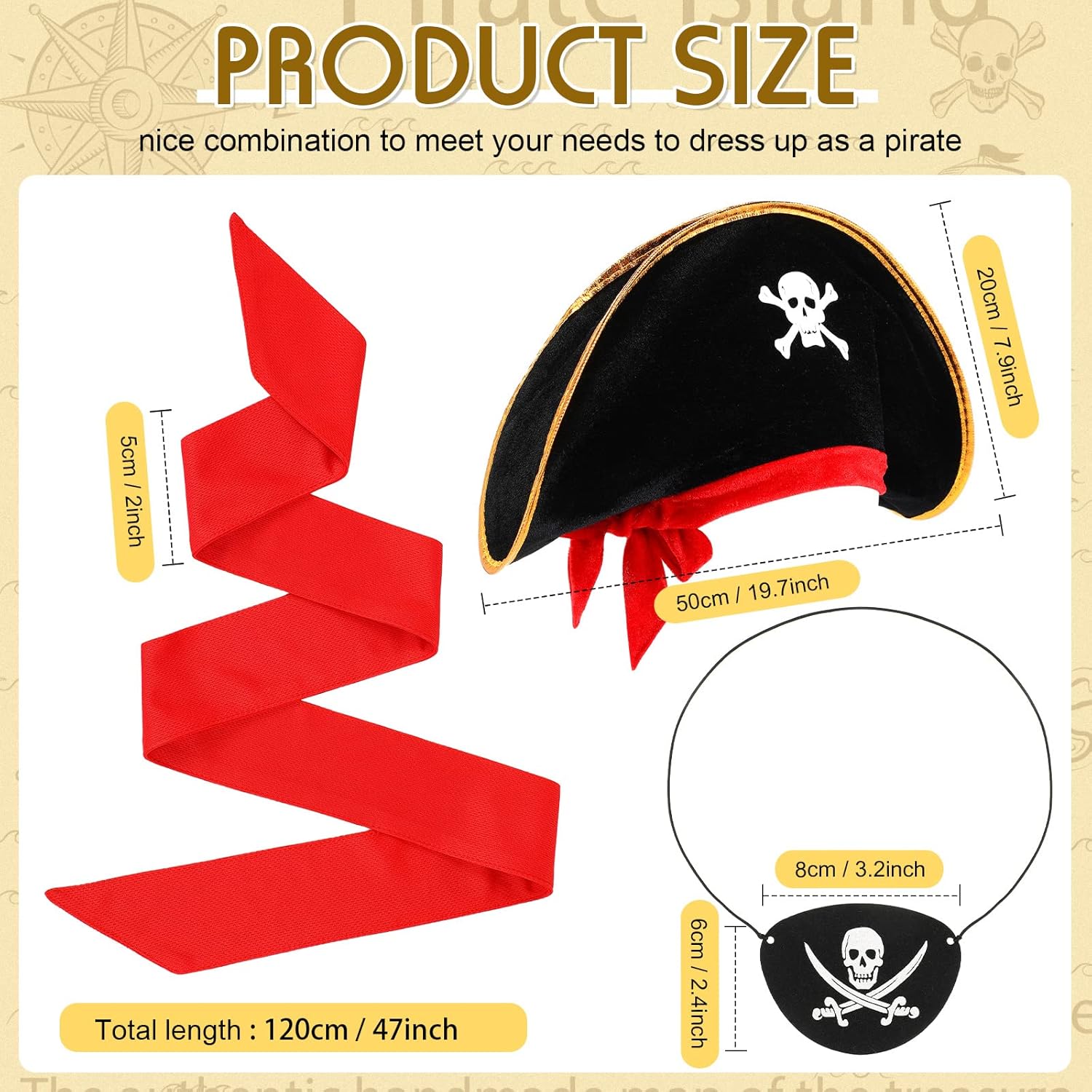 Tarpop 4 Pcs Pirate Costume Outfit Supplies Included 2 Captain Eye Patch Black Felt Red Pirate Head Bandana Skull Captain Hat - Image 2
