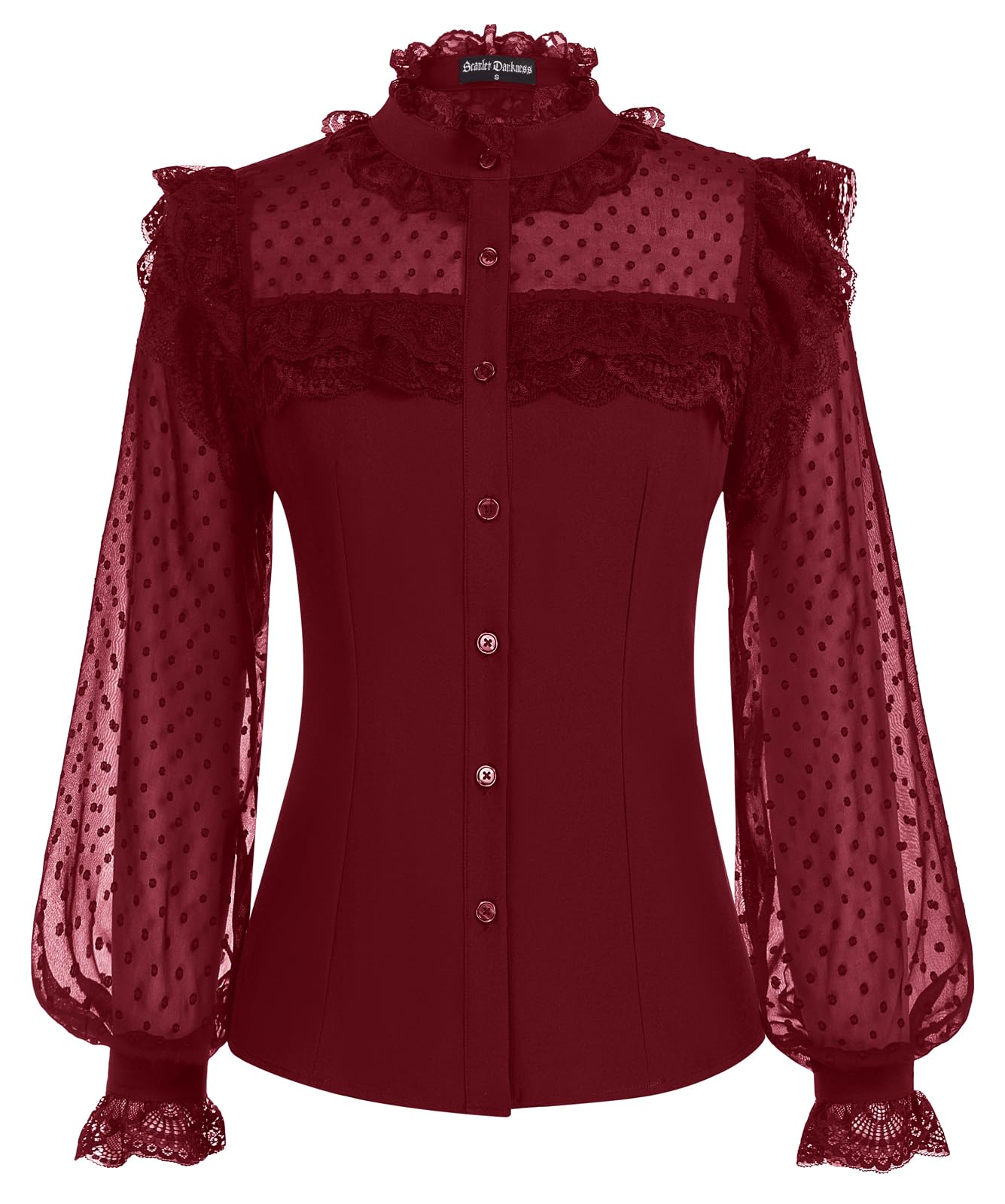 Scarlet DarknessWomen's Victorian Lace Tops Polka Dot Button Down Long Sleeve Shirt