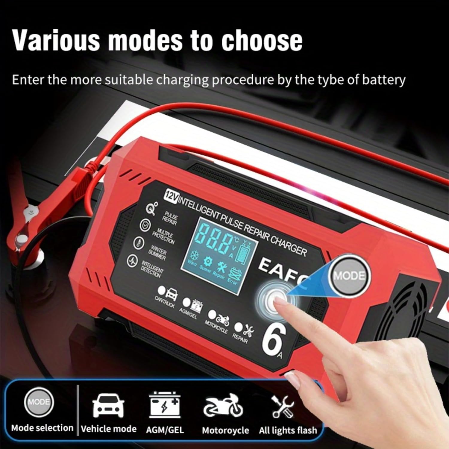 EAFCAuto charger display showing mode selection options: Car/Truck, AGM/GEL, Motorcycle, Repair.