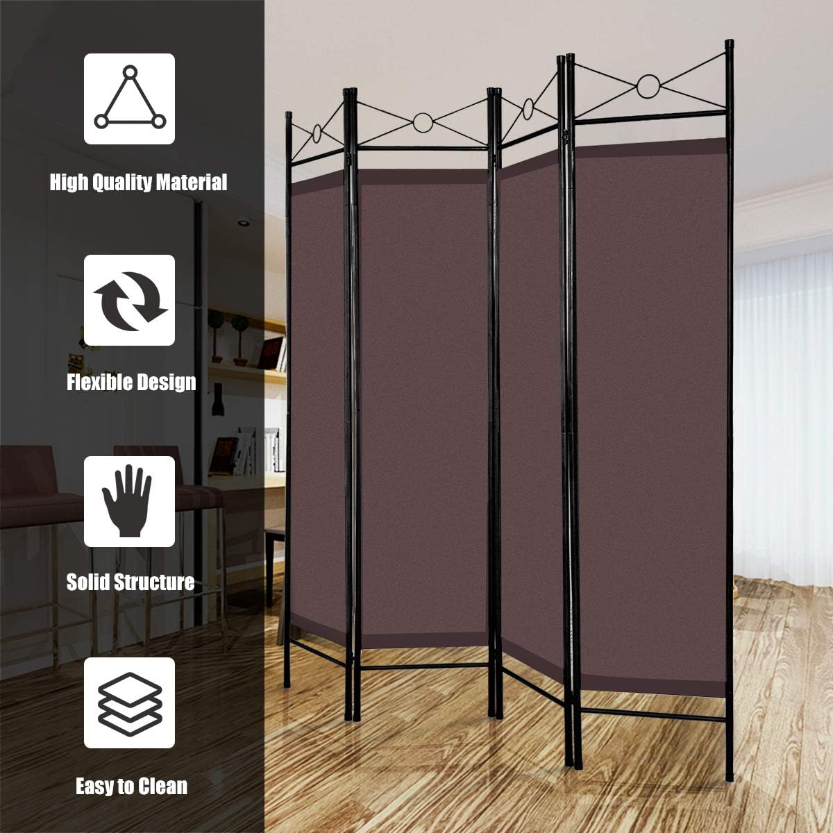Giantex 4 Panel 6 Ft Room Divider, Folding Privacy Screen for Room Separation, Portable Freestanding Room Dividers Screen for Home Office Dorm, Brown