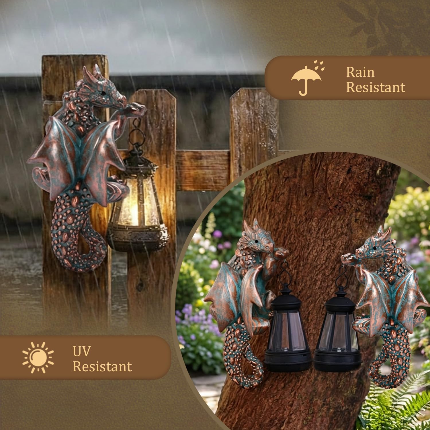 Yeomoo Lámpara solar de dragón para exterior, resistente a la intemperie, figura de dragón de resina, decoración de jardín, figuras de dragón colgante con LED para árboles y vallas, regalo para