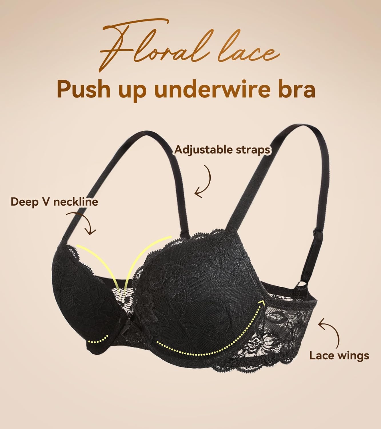 Lemorosy Women's Push Up Bra Underwire Padded Lace Brassiere Plunge V Sexy Floral Lacey Everyday Bra