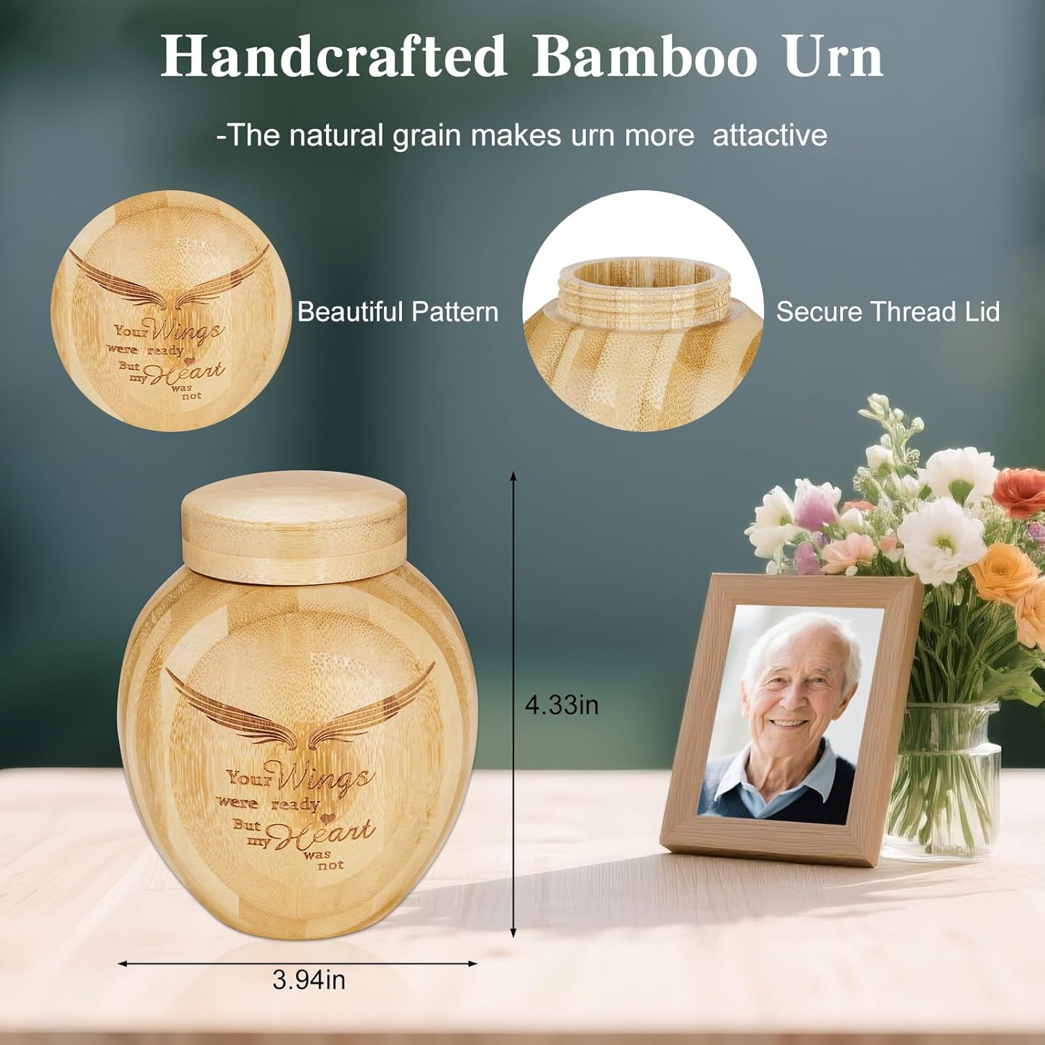 SOITIS Customized Medium Urns for Human Ashes-4.3 Inches Bamboo with Wing Pattern, Cremation Urns for Human Ash Adult Male Female, Urns for Human Ashes Keepsake Holder for ash, Ash Keepsake
