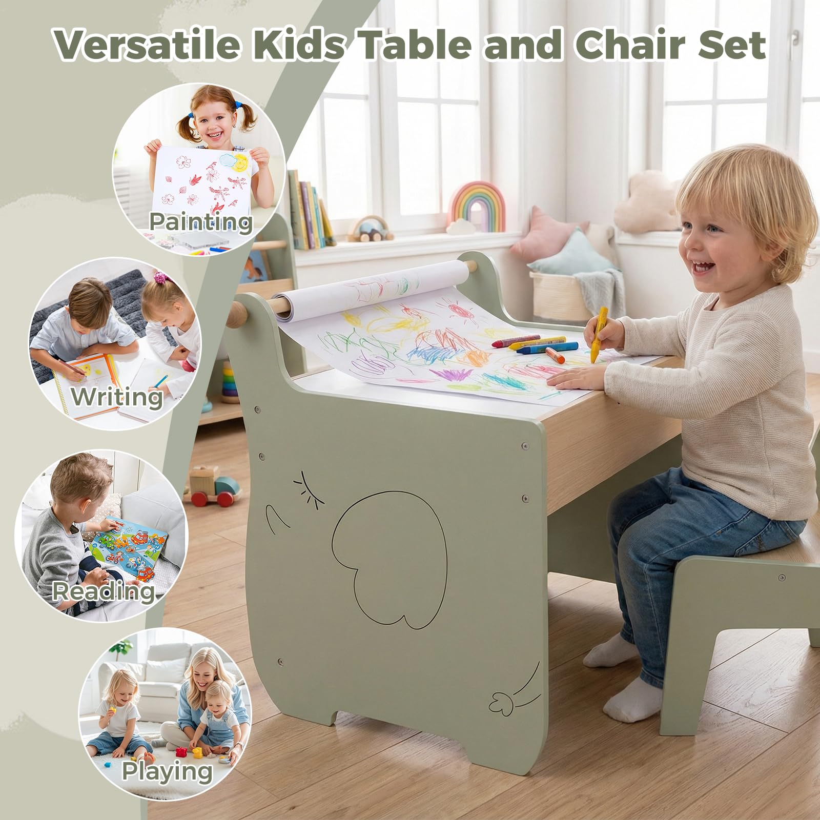 FANTASK 4 in 1 Holz Kindertisch mit Stuhl, wendbare & abnehmbare Tischplatte, Maltisch mit Stauraum & Papierrollenhalter, für Kinder ab 3 Jahren