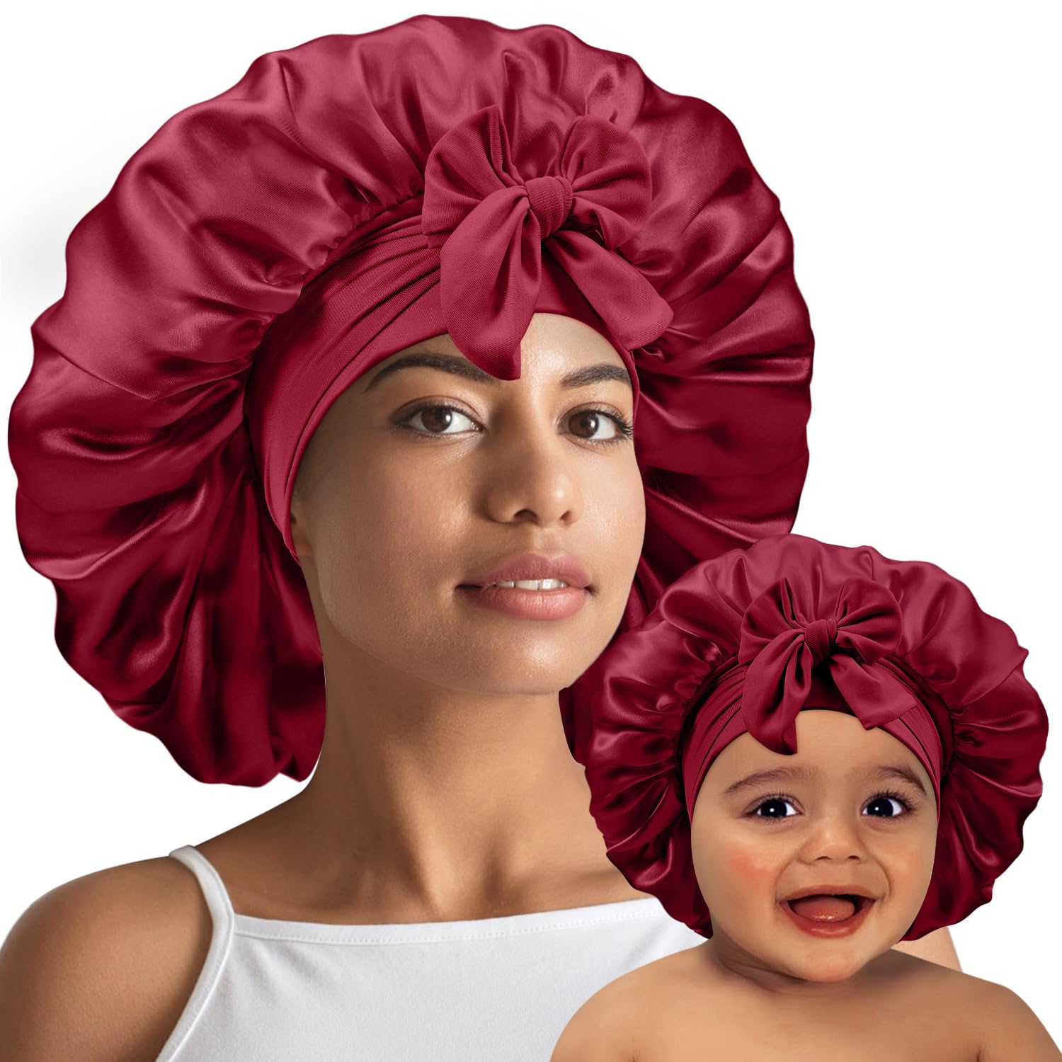 UHBYJM 2 PCS Mommy and Me Bonnet Set,Silk Bonnet for Kids and Women,Satin Bonnets for Sleeping with Elastic Tie Band,Adjustable Hair Bonnets for Women