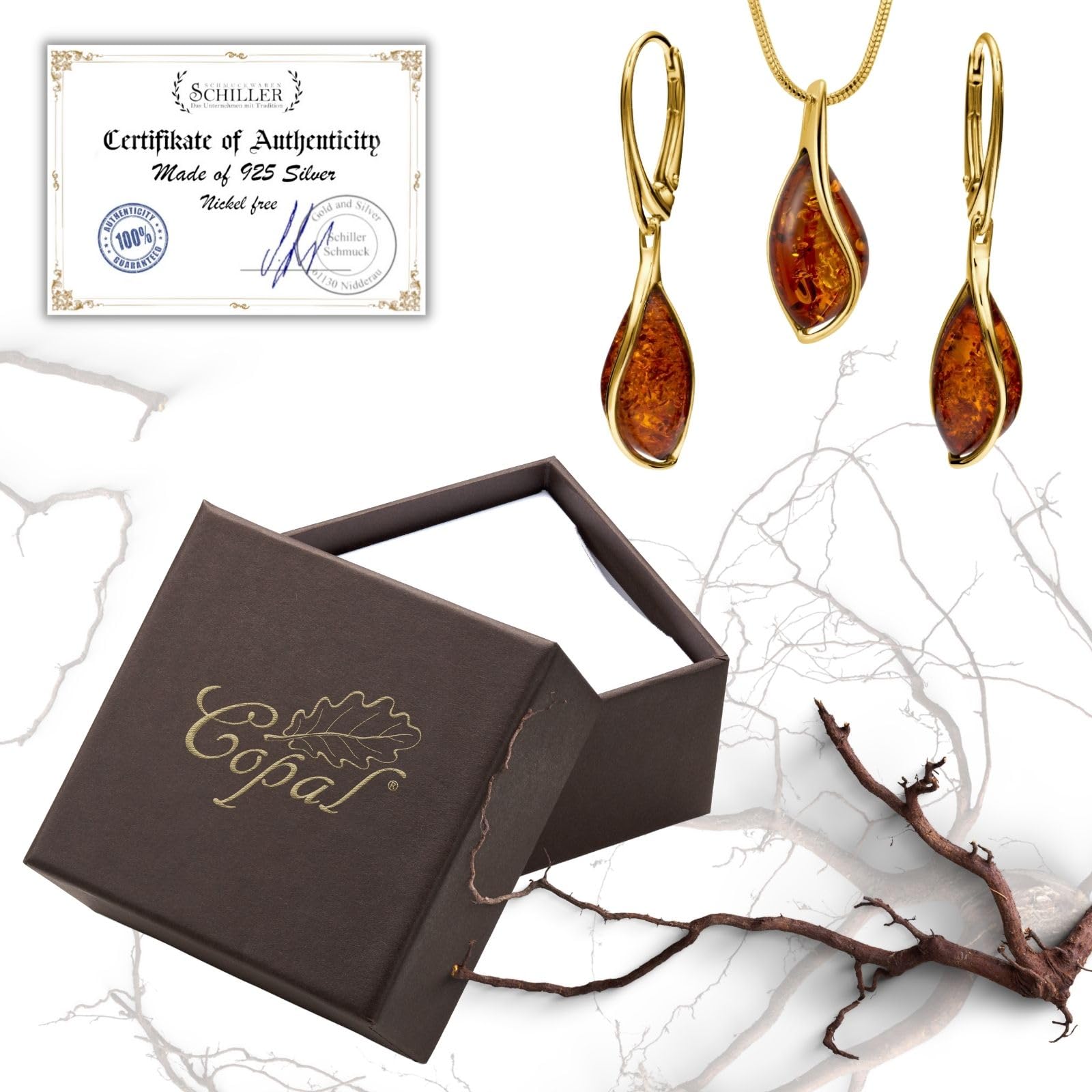 Copal Set Di Gioielli Da Donna Con Ciondolo In Ambra E Collana Regolabile In Argento Dorato