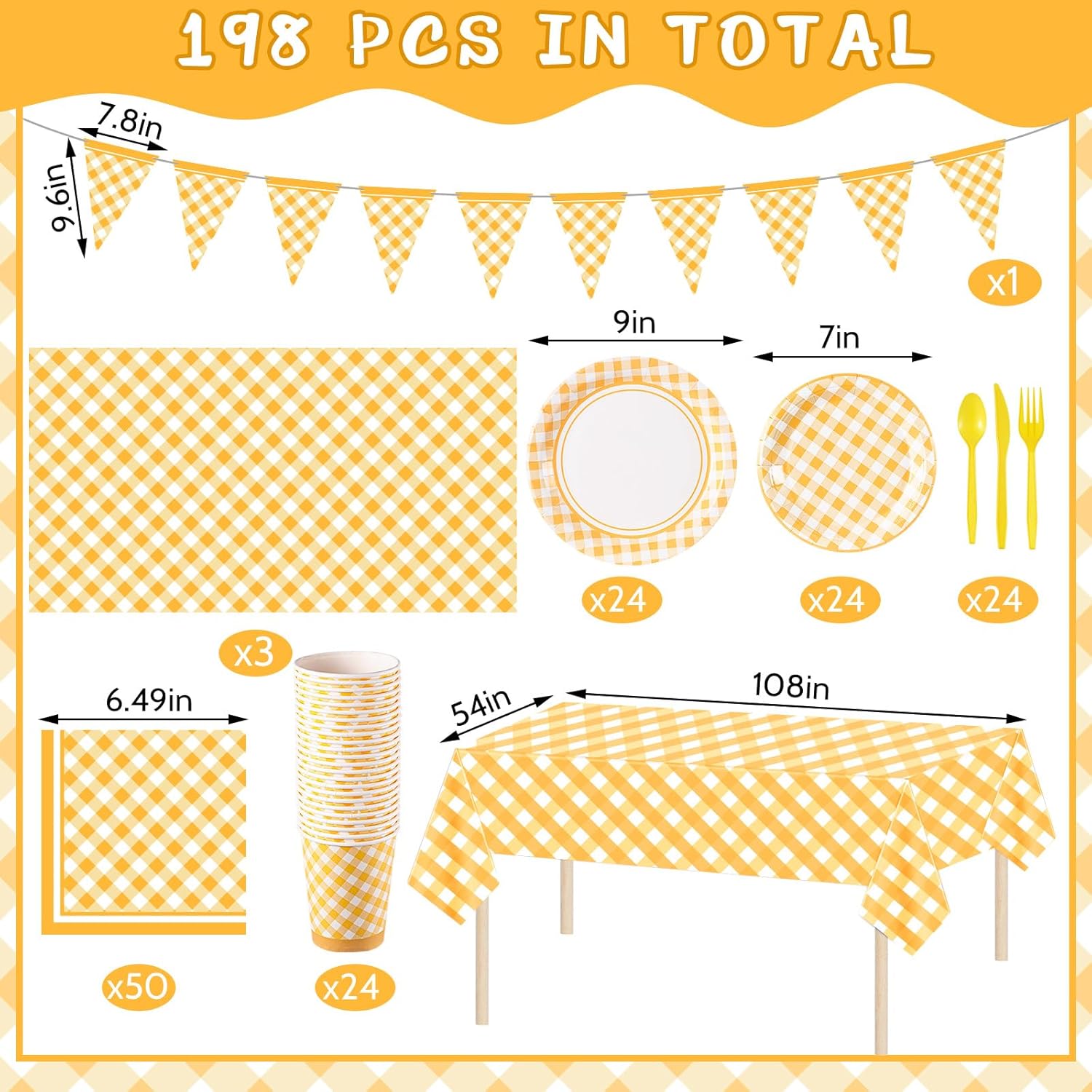 Preboun 198 Pcs Gingham Party Supplies for 24 Guests Checkered Plaid Tablecloth Pennant Banner Plate Cup Napkin and Cutlery for Picnic BBQ Birthday Baby Shower Party(Light Yellow, White)