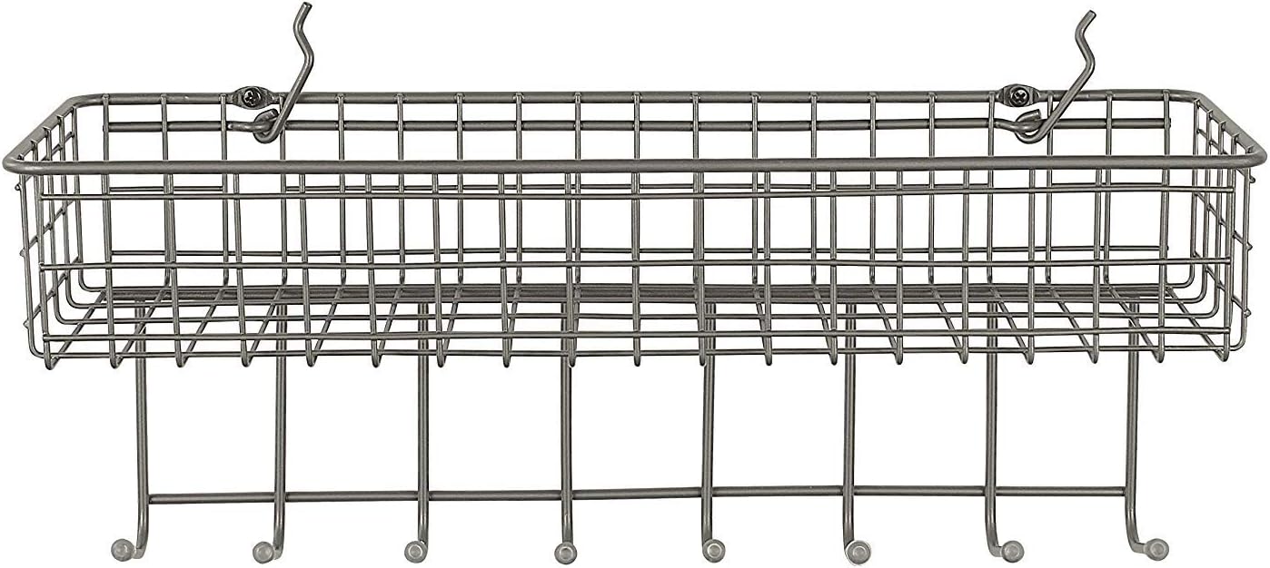 Spectrum Pegboard Wall Mount Basket with Hook Rack Wire Basket for Kitchen Garage Workshop Craft Room Organization, Heavy Duty Steel Peg Board Coat Rack Basket Storage Bins Organizer, Industrial Gray