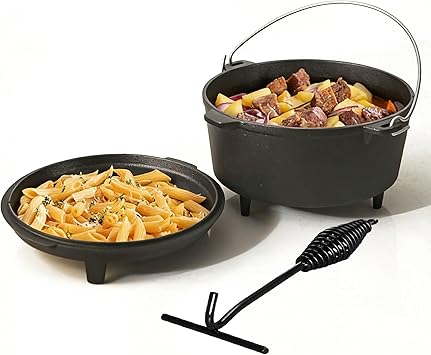 6.3qt Cast Iron Camping Dutch Oven,with 12inch Skillet Lid Outdoor Dutch Oven,Includes Claw Foot kazan for Baking,Braising,Campfire Cooking