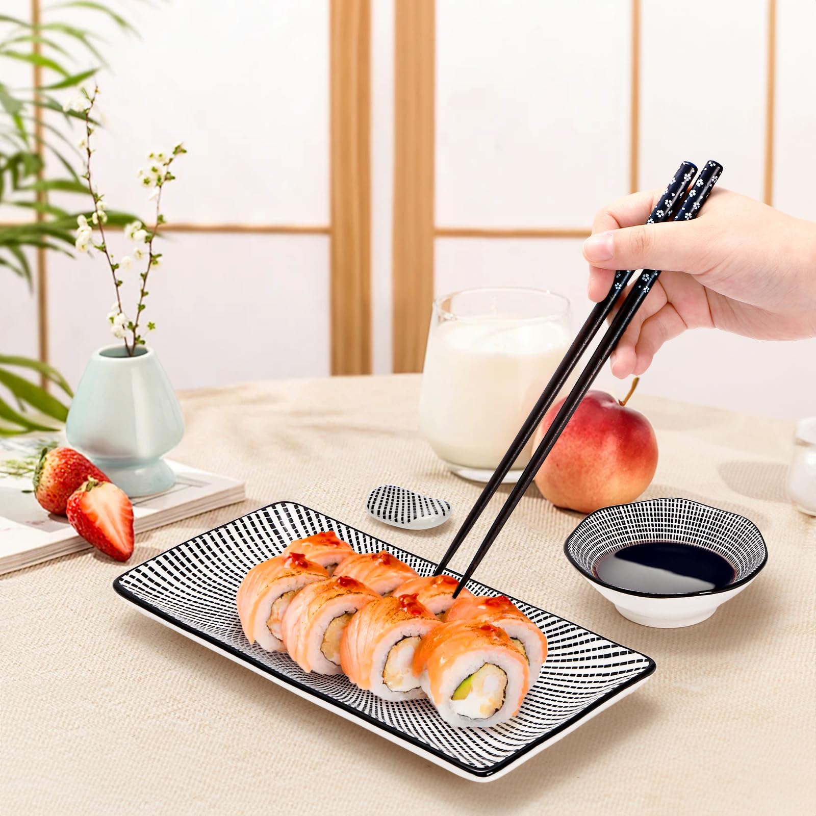 Pumtus Juego de 8 platos de sushi, juego de servir de sushi de cerámica para 2, vajilla japonesa de sushi para inauguración de la casa de boda, incluye 2 platos para servir, 2 cuencos de salsa, 2