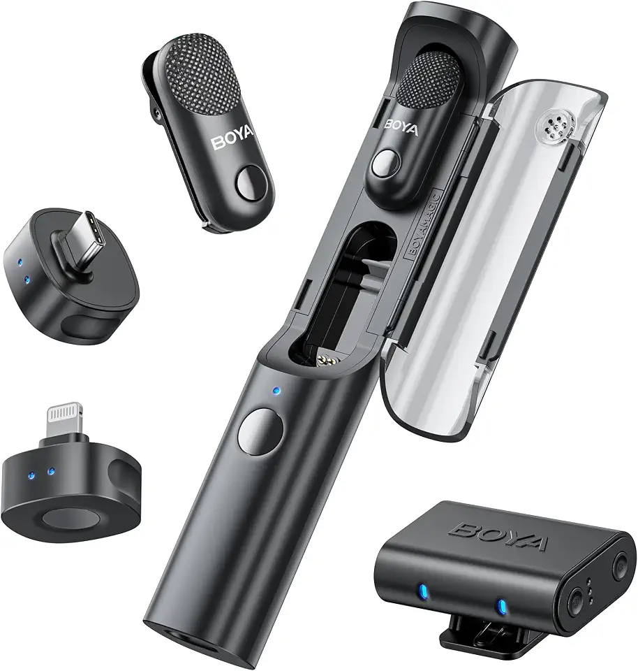 BOYA Mini microfones Magic sem fio para iPhone/Android/PC/câmera, 4 microfones Form-in-1, 7 g leves, redução de ruído AI, 48 kHz/24 bits, controle de aplicativo, alcance de 100 m