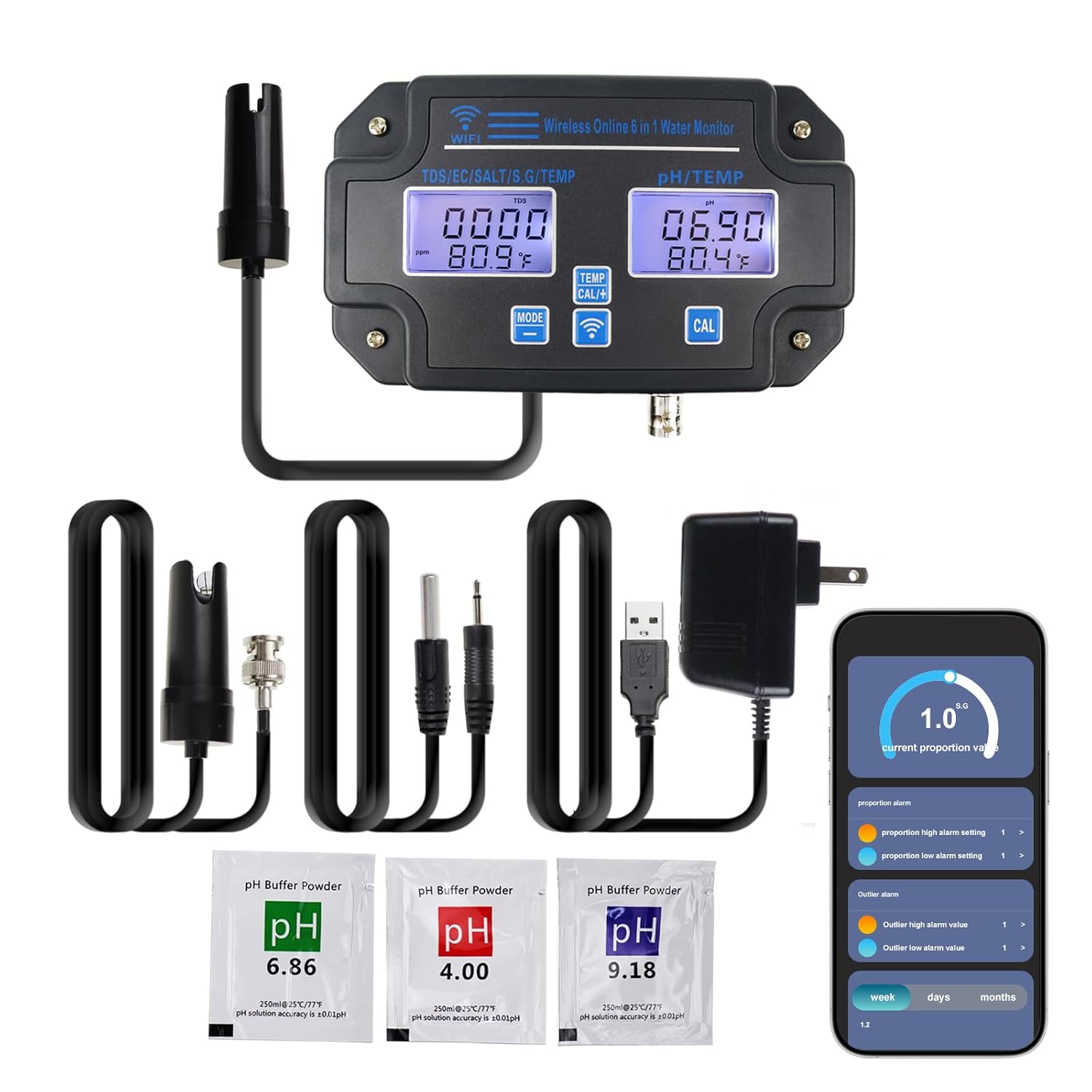 EC pH Monitor for Hydroponics, 6-in-1 Water Quality Tester with Wi-Fi, pH Meter Tester, Continuous Monitor of pH PPM EC CF Humidity Temp of Indoor DWC Grow System,Hydro Reservoir Tank