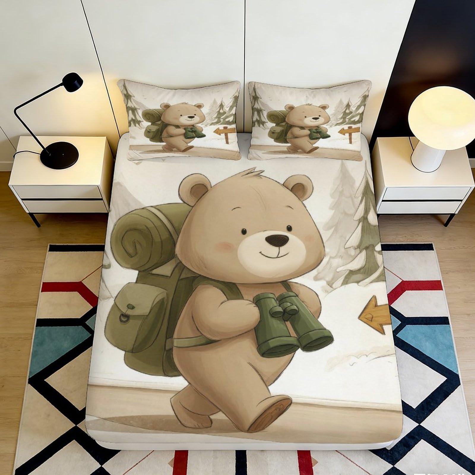 3D Printed Camping Bear Fitted Sheet Microfiber Soft Breathable Forest Path Bed Cover for Bedroom Dorm Decor 90x200x25cm