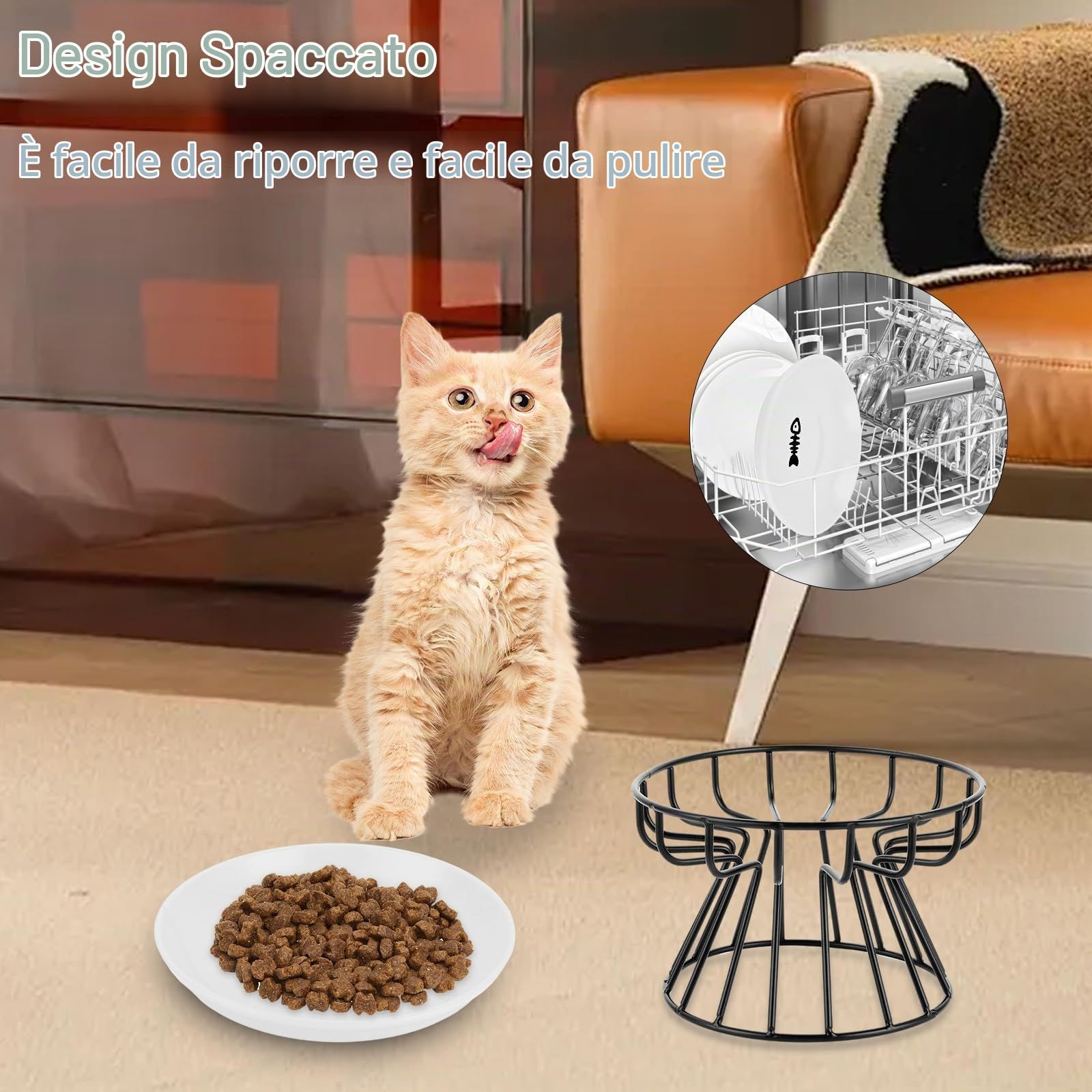 YAYODS Set di 3 Ciotole per Gatti in Ceramica con Supporto Rialzato, Ciotola Rialzata per Gatti e Cani Piccoli con Tappetino in Silicone Antiscivolo, Design Salva-Cervicale e Lavabile in Lavastoviglie