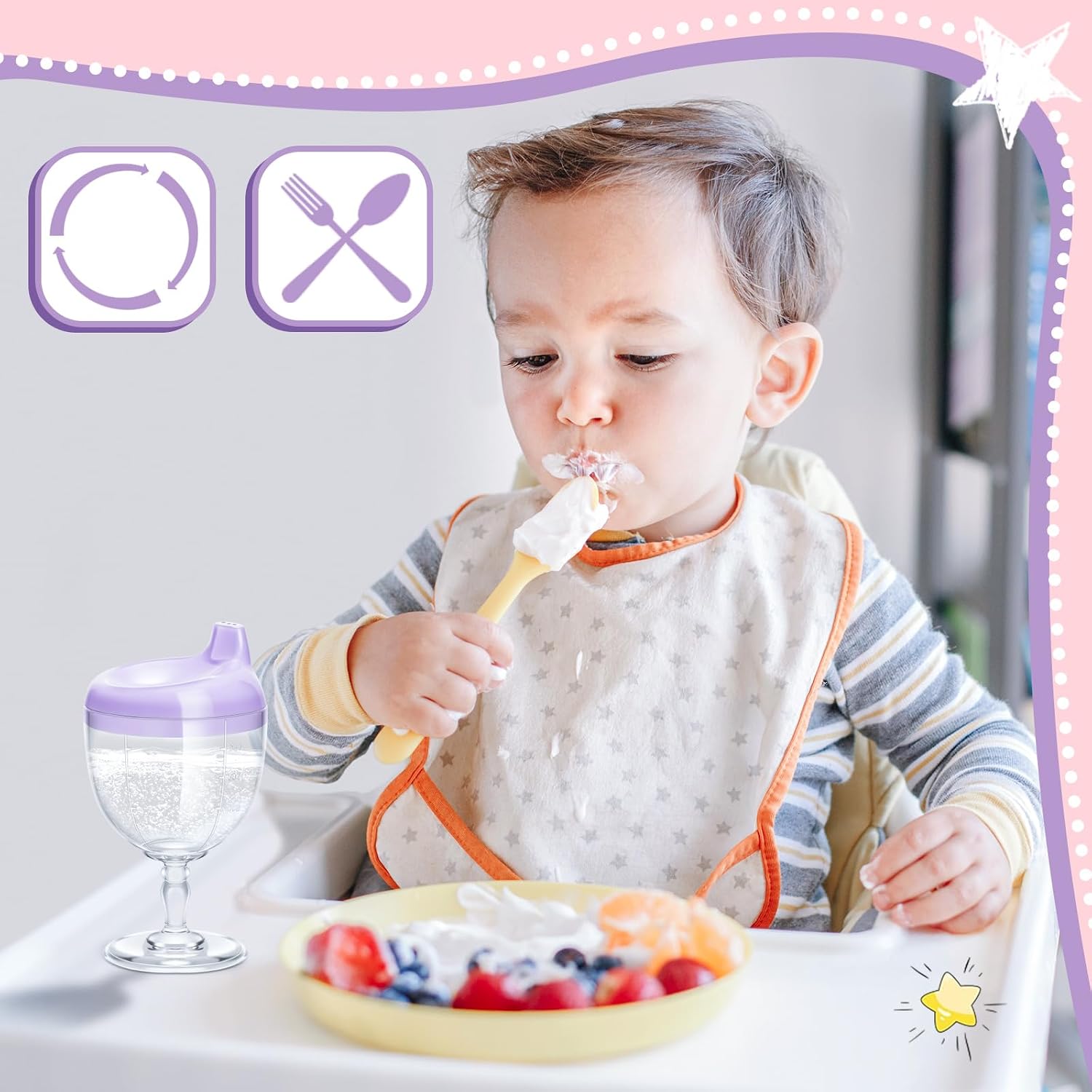 Irenare 2 Pcs Baby Wine Sippy Cup Plastic Goblet Cup No Spill Wine Glass Baby Sippy Goblet Glass Beverage Mug Milk Bottle with Lid for Kids (Pink, Purple)