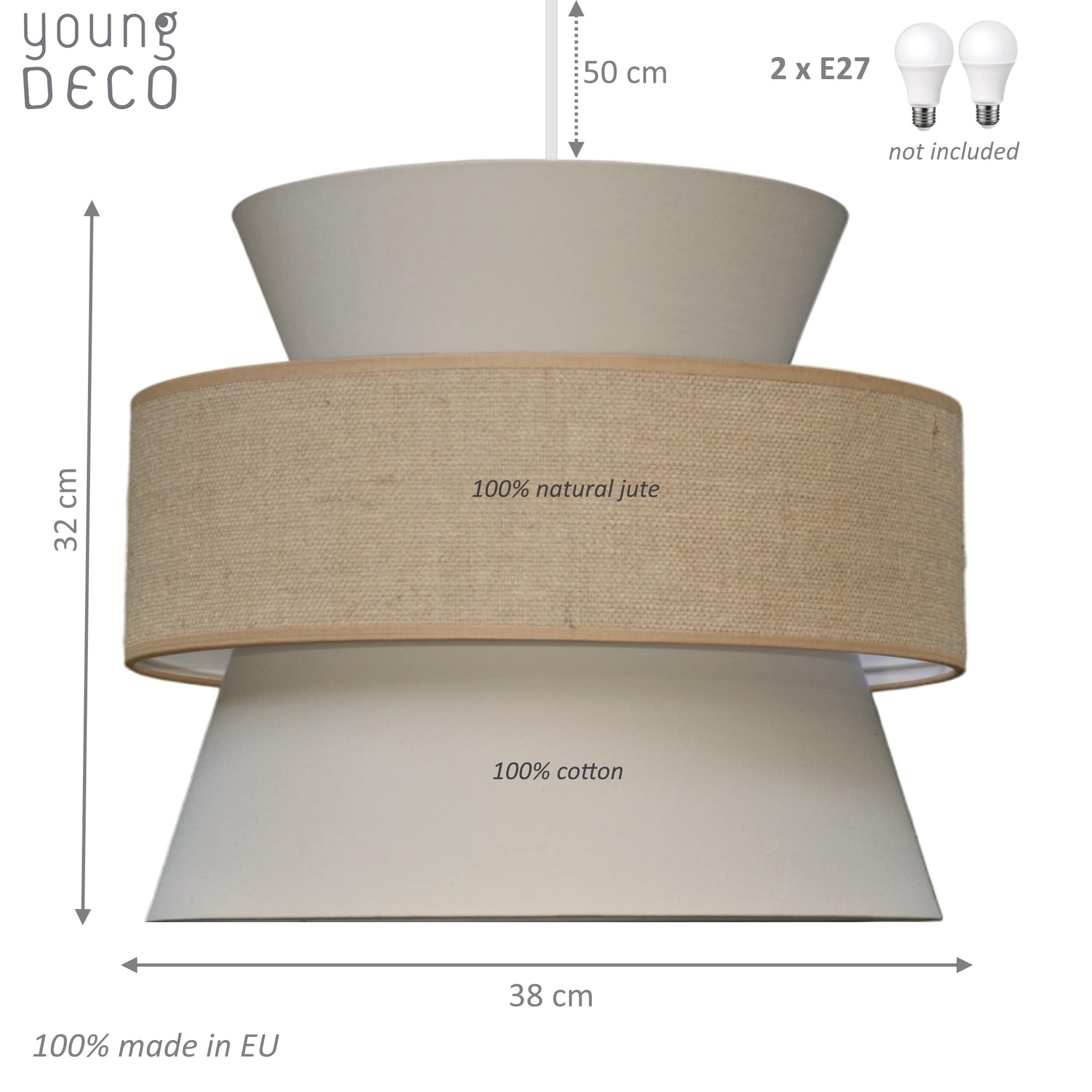 Lampada a sospensione BOHO 2xE27, diametro 38 cm, grande paralume in cotone e juta, per camera dei bambini, soggiorno, camera da letto, cucina, ingresso e ufficio, made in EU