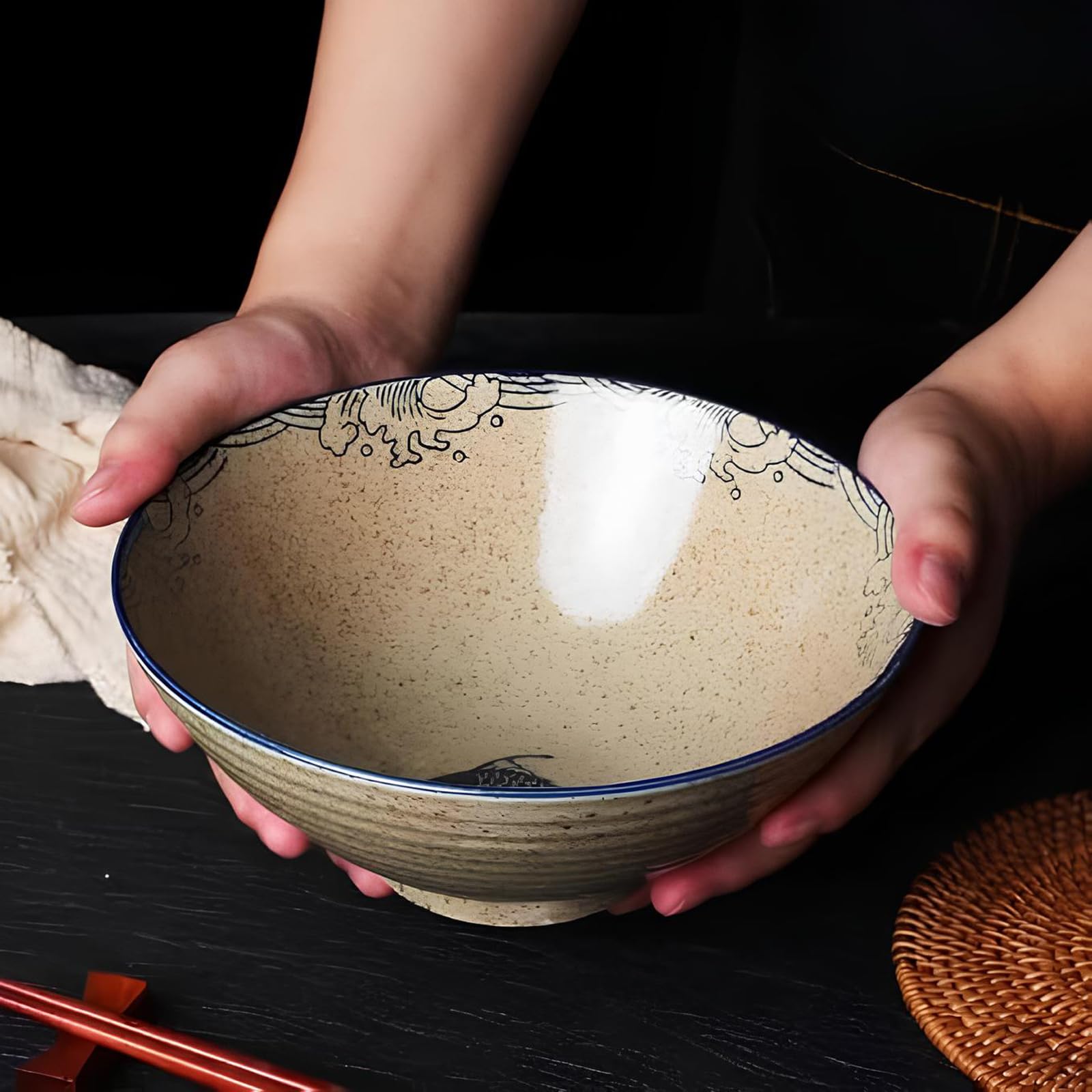 2 Set Ciotola per Ramen in Ceramica 1200 ml, Set di Ciotole per Ramen 1200 ml, Grande Ciotola Zuppa Noodles Giapponese, con Bacchette e Cucchiaio, per Zuppa di Ramen, Pasta, Macedonia, Riso