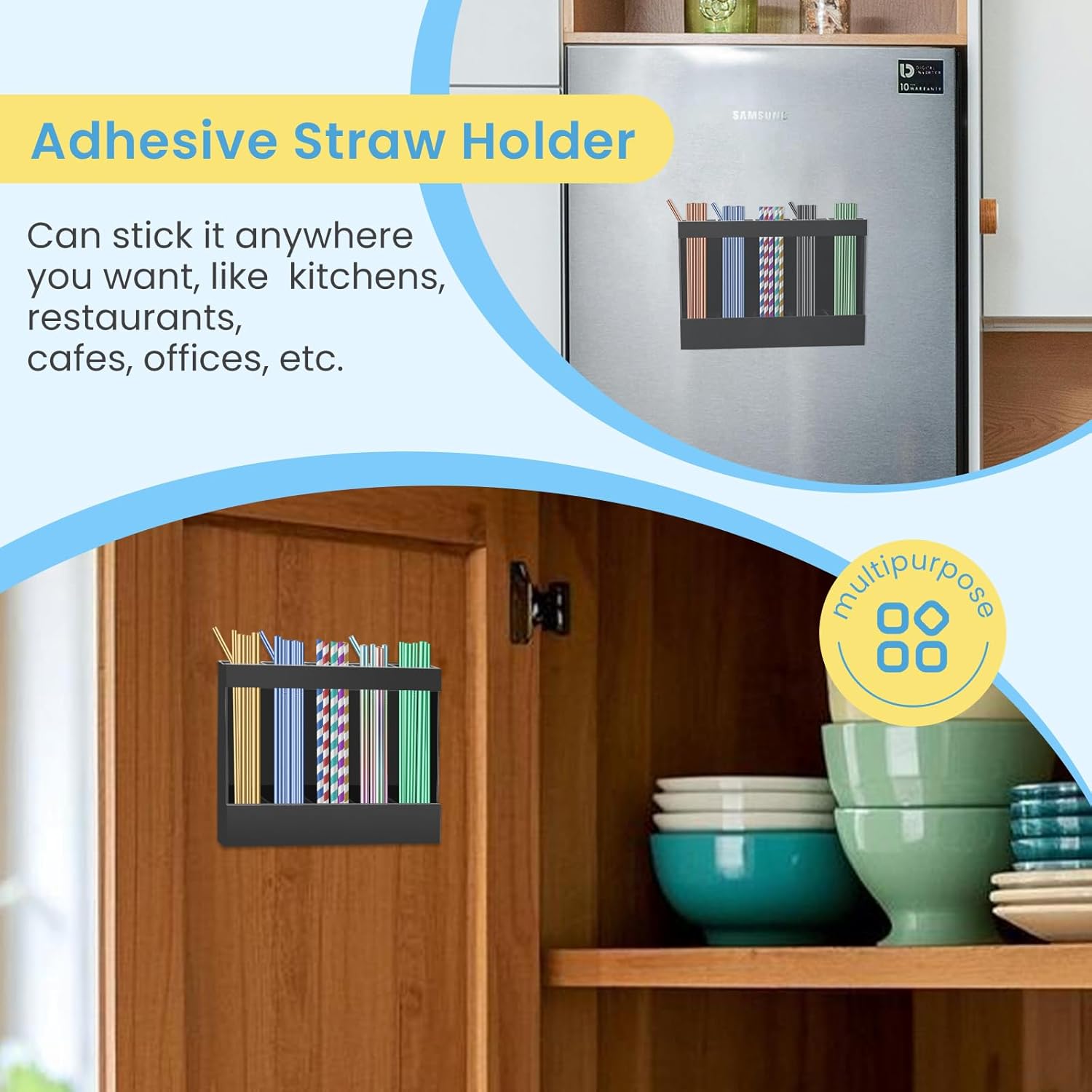 Acrylic Straw Holder for Cabinet, Reusable Straw Organizer with Double Sided Adhesive Tape Tumbler Straws Storage Container for Cupboard Drinking Straws Dispenser for Kitchen Counter (Black) - Image 6