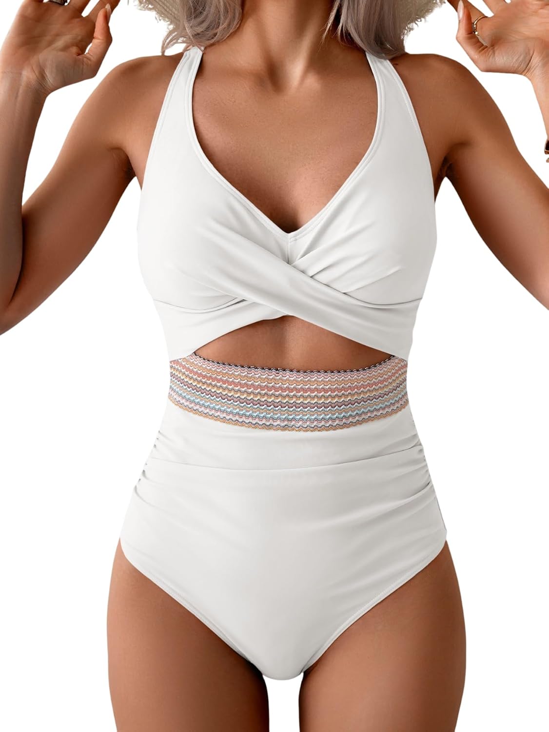 B2prity One Piece Swimsuit for Women Tummy Control V Neck Bathing Suit Color Block High Waisted Cutout Swimwear