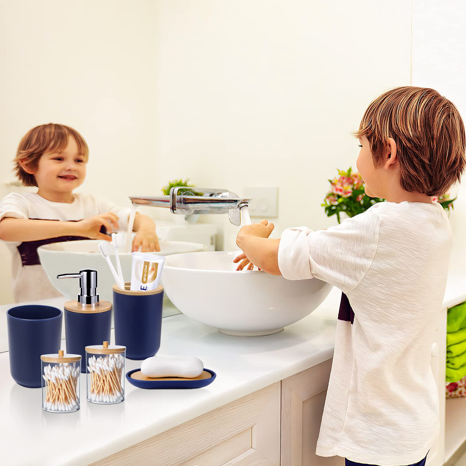 SLDIYWOW - Accesorios de baño azules, 9 accesorios de baño azul marino con cubo de basura, bandeja, dispensador de jabón, soporte para cepillos de dientes, vaso para cepillos de dientes, jabonera
